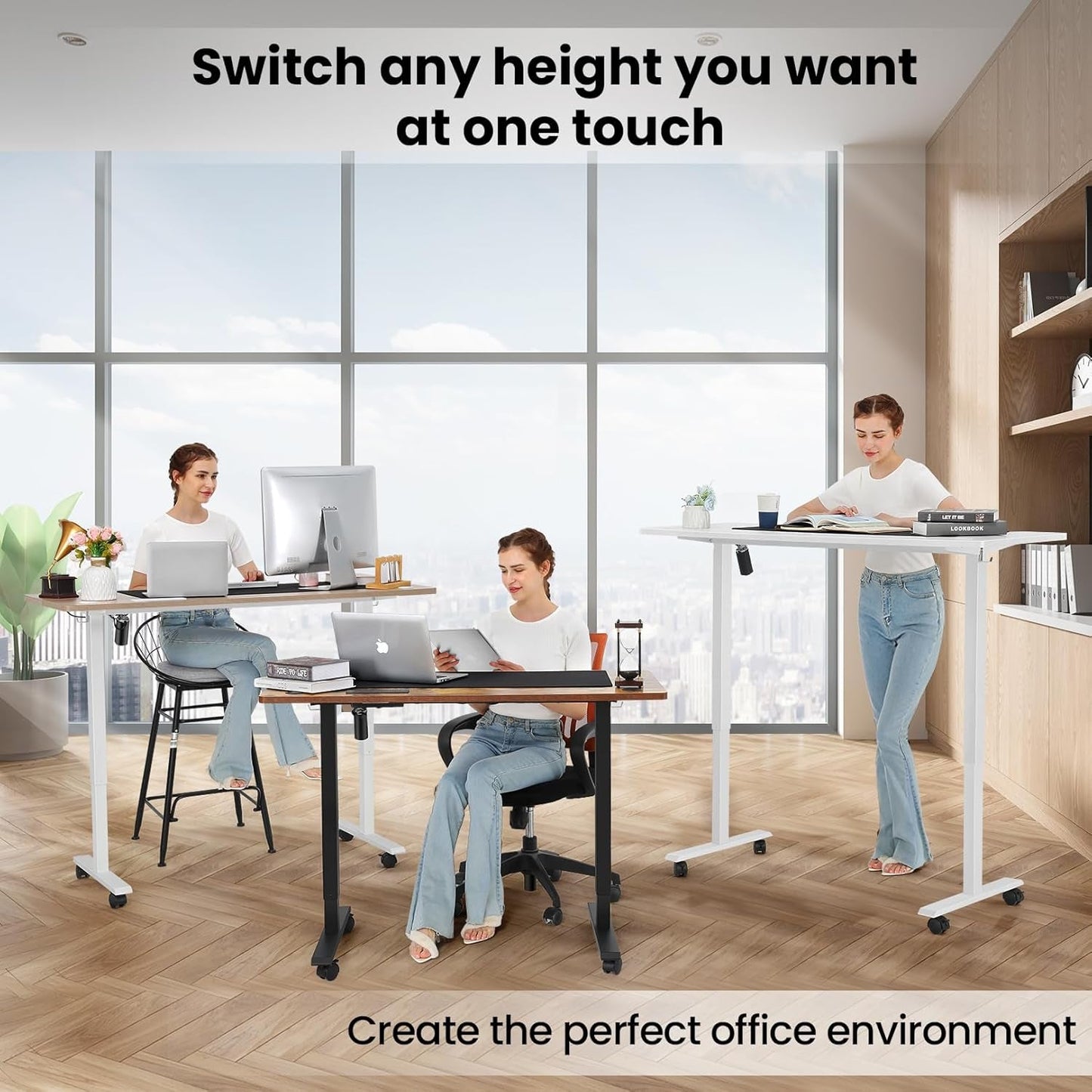 Electric Standing Desk Adjustable Height, 55 X 24 Inch Sit Stand up Desk with Large Mouse Pad, Double Metal Hook,4 Wheels,4 Memory Preset Heights Home Office Computer Desk（Brown）-3