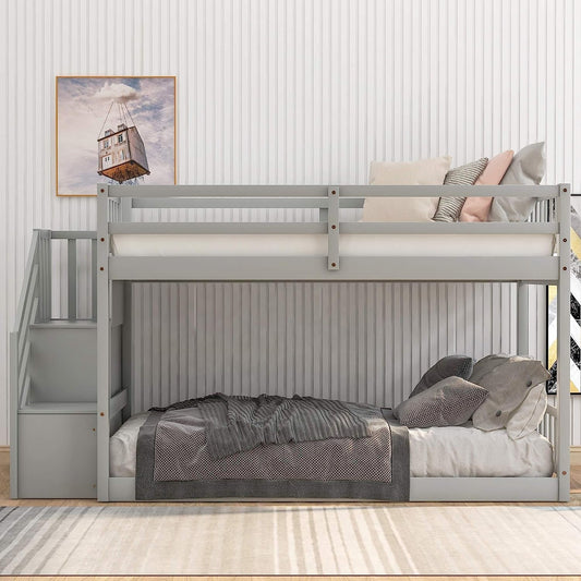Twin over Twin Junior'S Low Bunk Bed, Storage Stairs, Wood, Grey-0