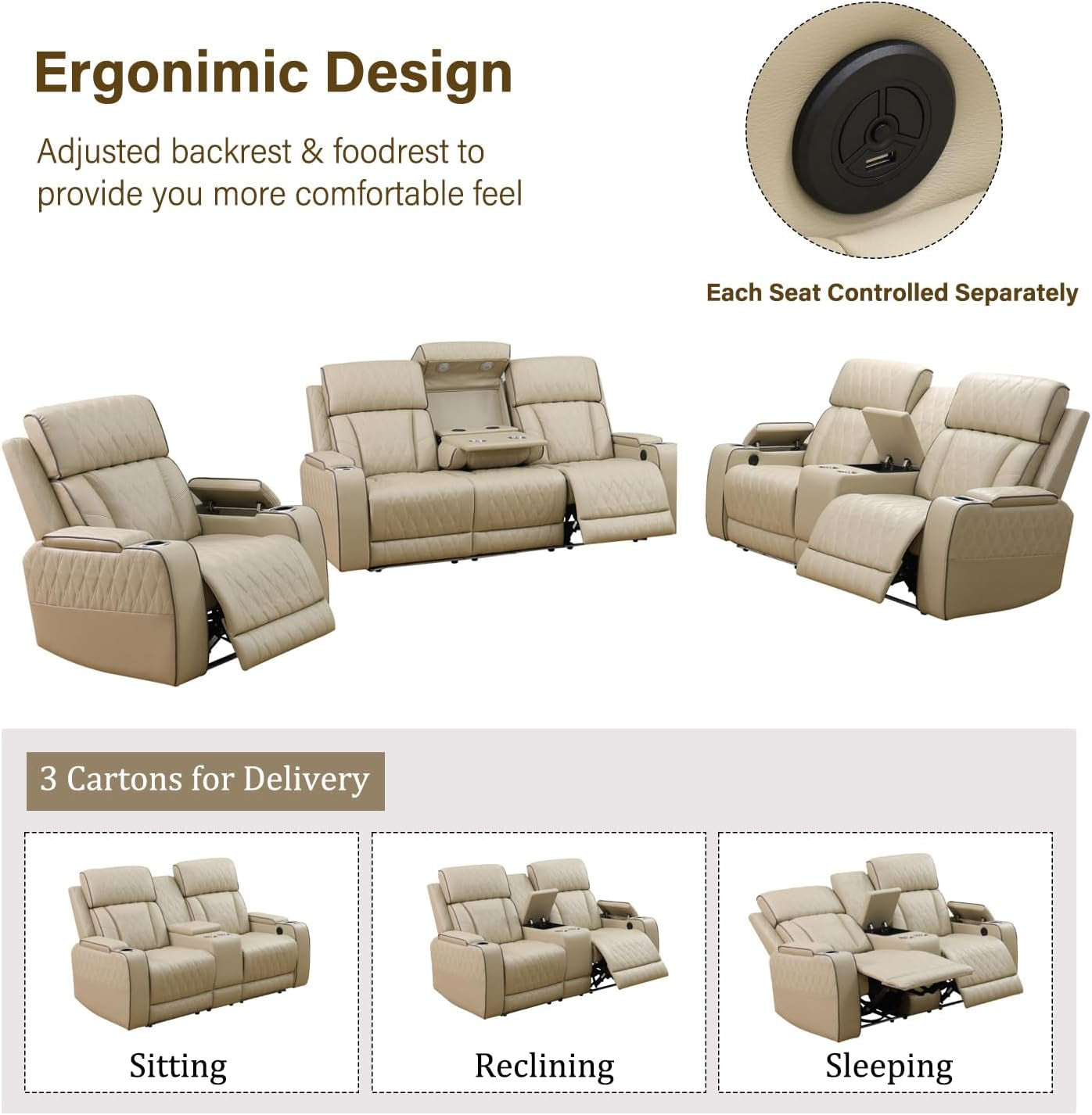 Power Reclining Sofa Set, Living Room Furniture Set with USB Ports, Leather Recliner Couches Set for Living Room/Apartment/Office/Home Theather (Khaki, Sofa+Loveseat+Chair)-3