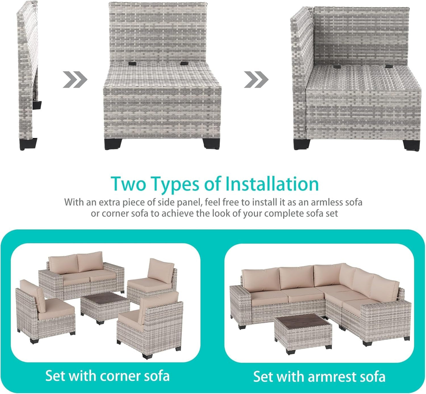 6-Piece Outdoor Patio Furniture Set Wicker Sectional Sofa Set, Patio Conversation Set with Thickened Cushions & Coffee Table for Garden, Backyard, Poolside, Beige-3