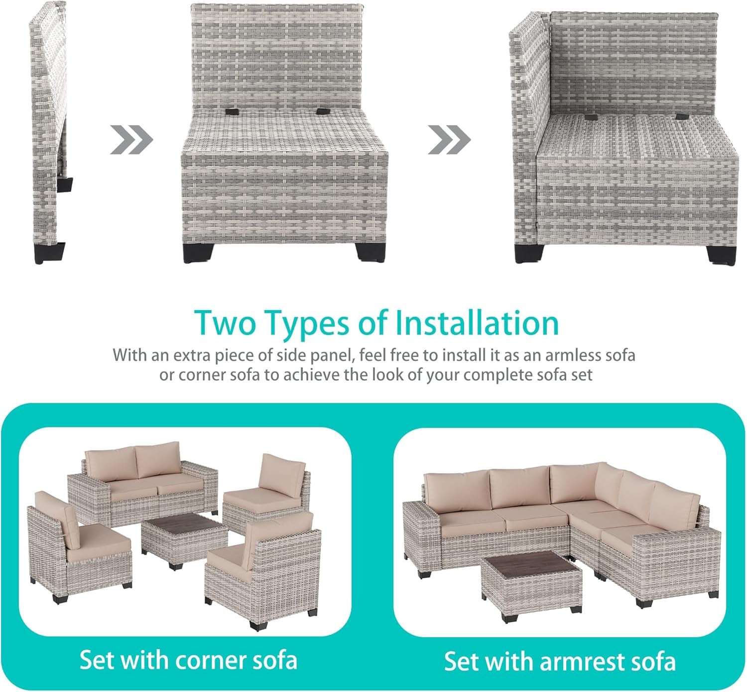 6-Piece Outdoor Patio Furniture Set Wicker Sectional Sofa Set, Patio Conversation Set with Thickened Cushions & Coffee Table for Garden, Backyard, Poolside, Beige-3