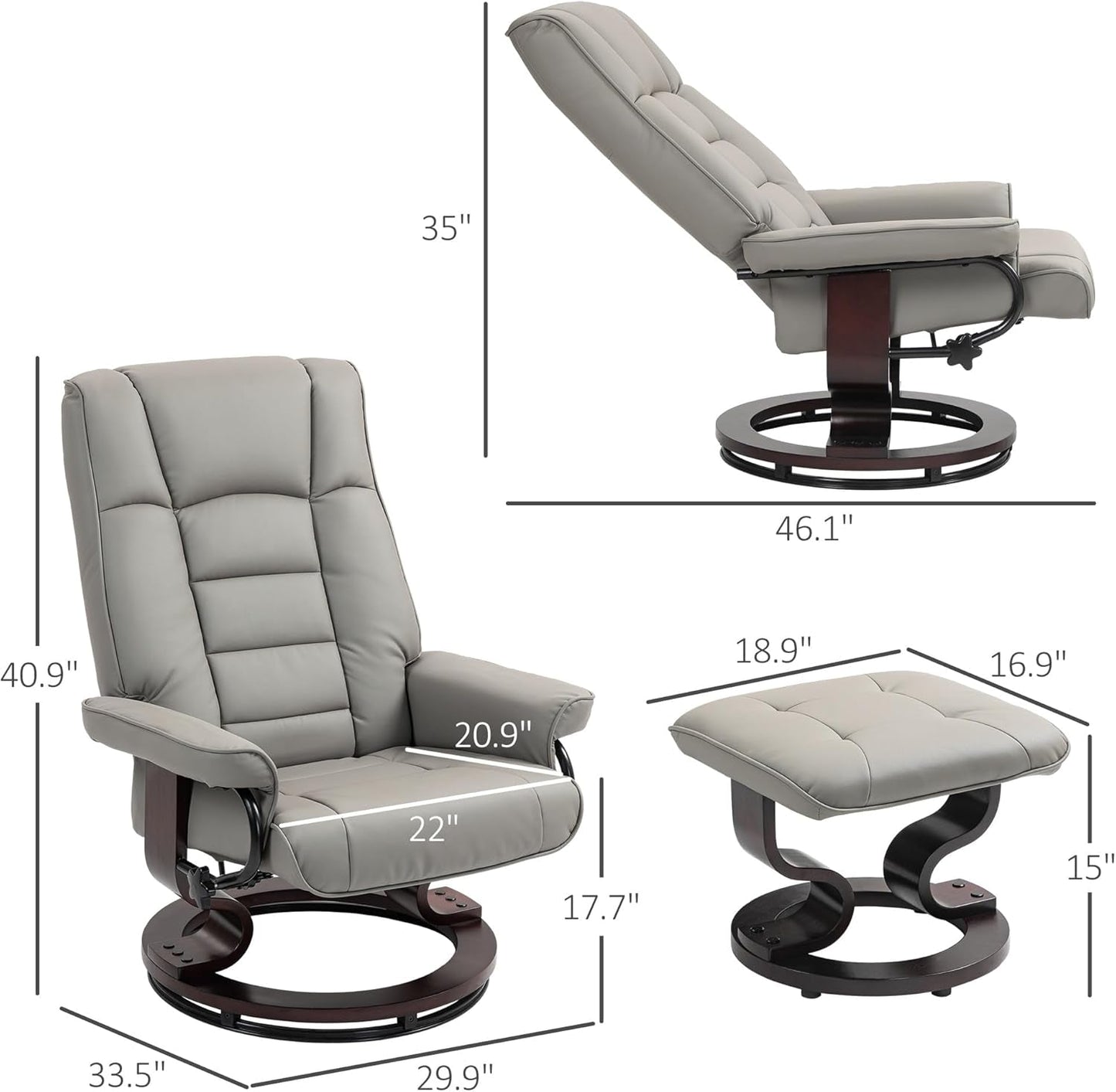 Faux Leather Reclining Chair, Swivel Ottoman Chair, Recliner with Ottoman with High Back and Wood Frame for Living Room, Gray-2