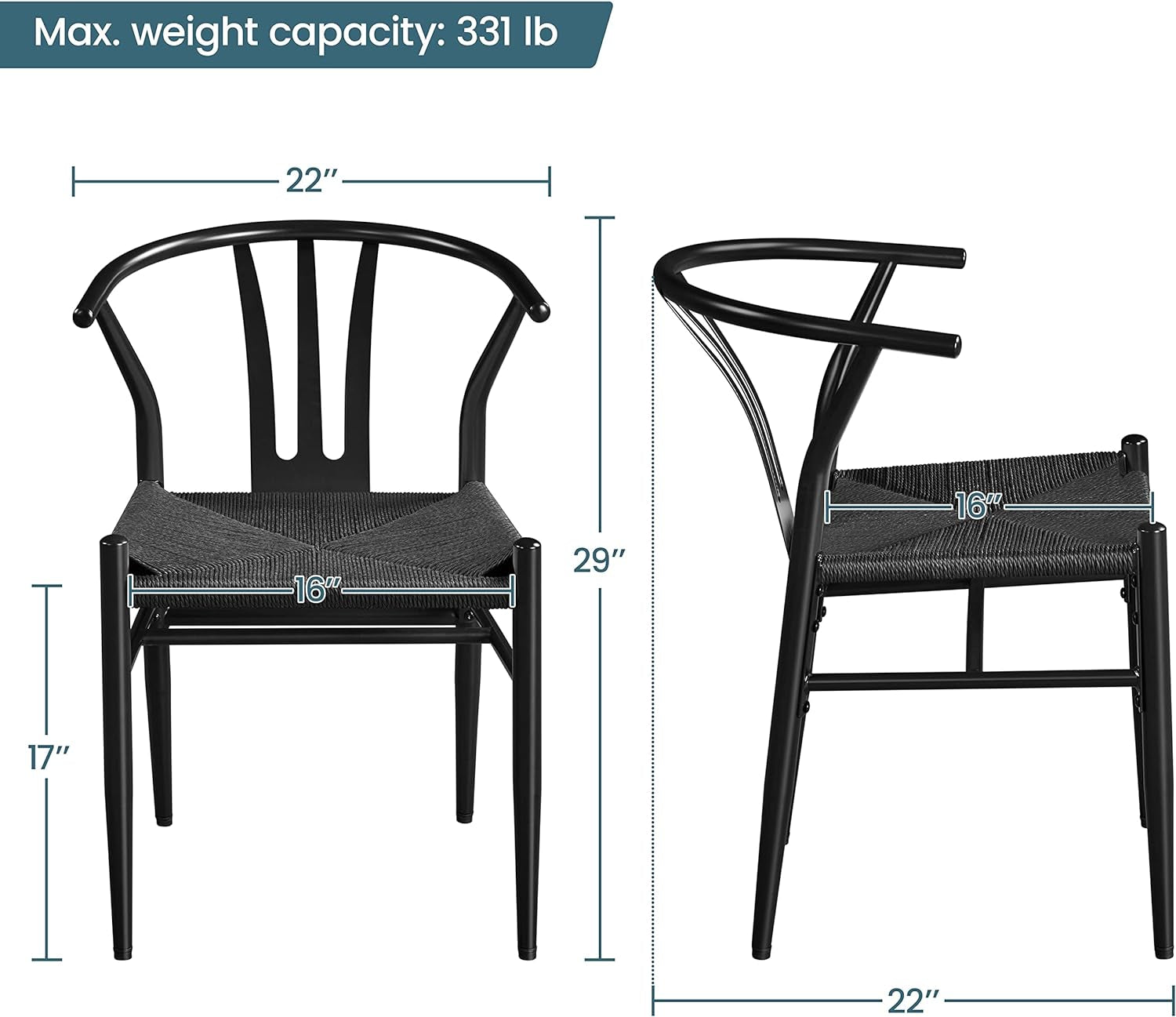 Weave Chair Mid-Century Modern Dining Chair Rattan Chair Metal Dining Chair Armchairs Hemp Seat Chair Accent Chair for Kitchen, Dining, Living Room Side Chairs Set of 2, Full Black-2