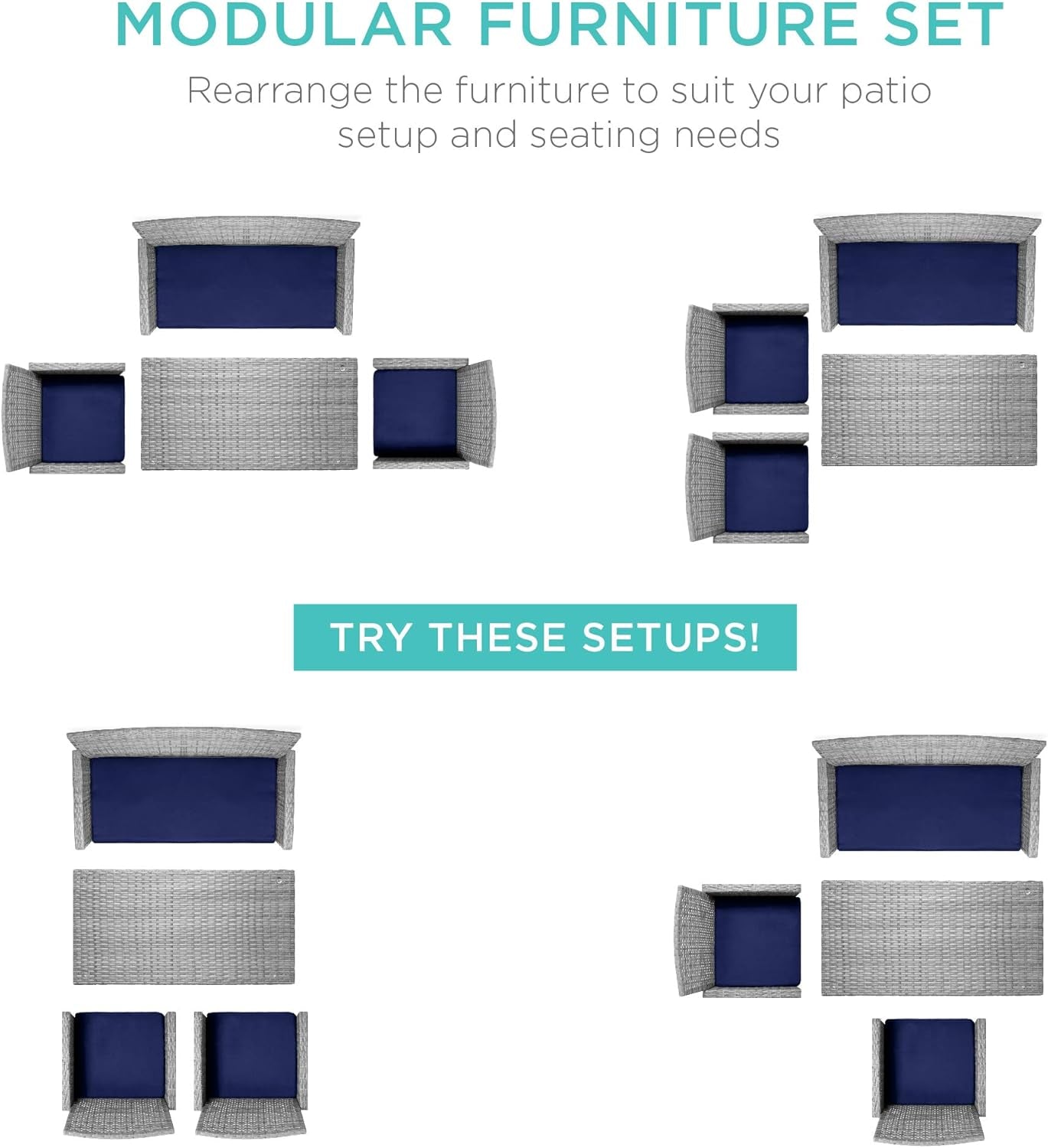 4-Piece Outdoor Wicker Patio Conversation Furniture Set for Backyard W/Coffee Table, Seat Cushions - Gray/Navy-1