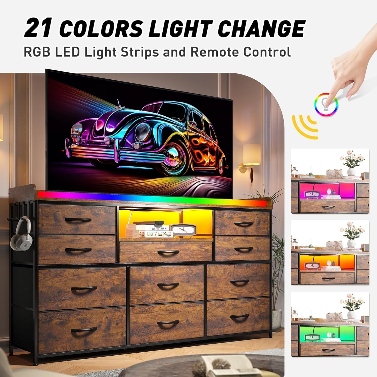 Dresser for Bedroom with 11 Drawers for 60" TV Stand for Bedroom with LED Lights & Charging Station Long Dresser with Shelves & 4 Hooks Sturdy Metal Frame & Fabric Drawers (Rustic Brown)-4
