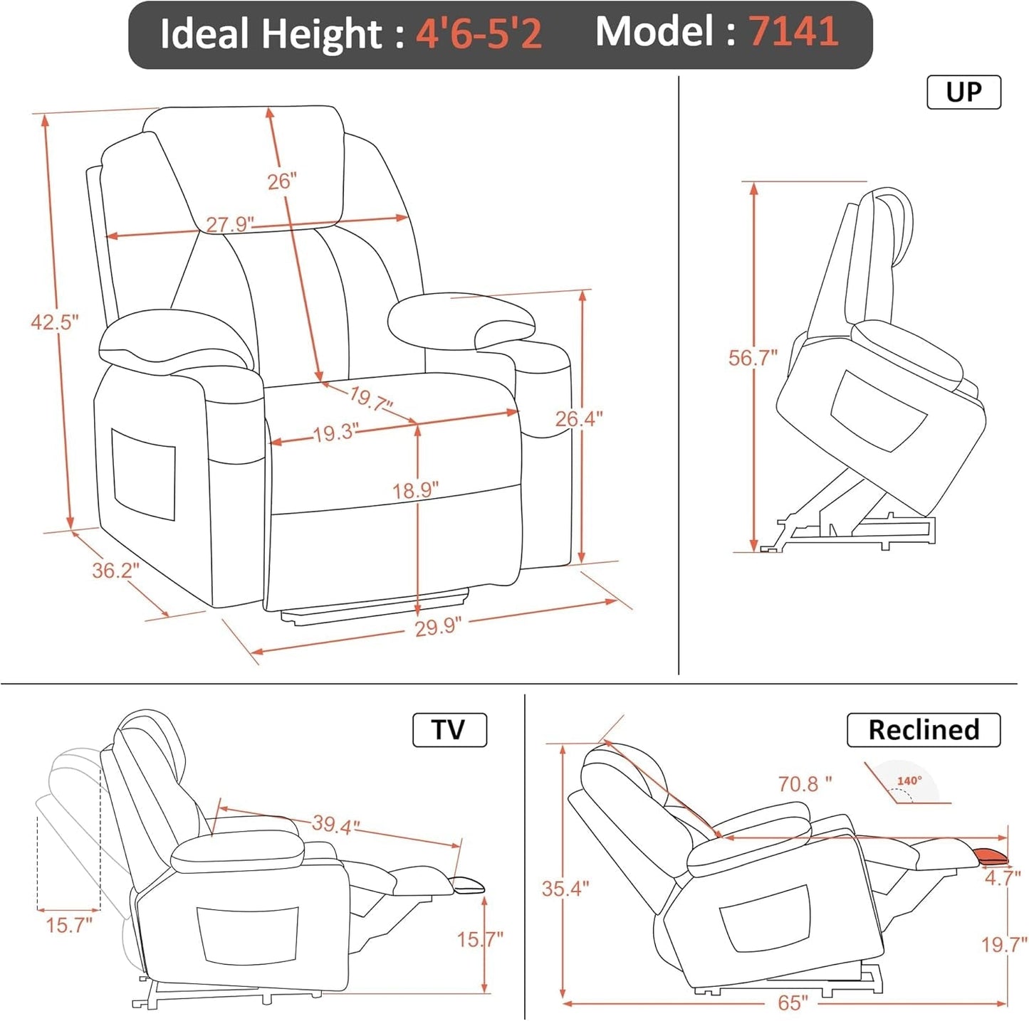 Small Power Lift Recliner Chair Sofa with Massage and Heat for Petite Elderly, 3 Positions, Cup Holders, and USB Ports, Extended Footrest, Fabric 7141 (Grey)-2
