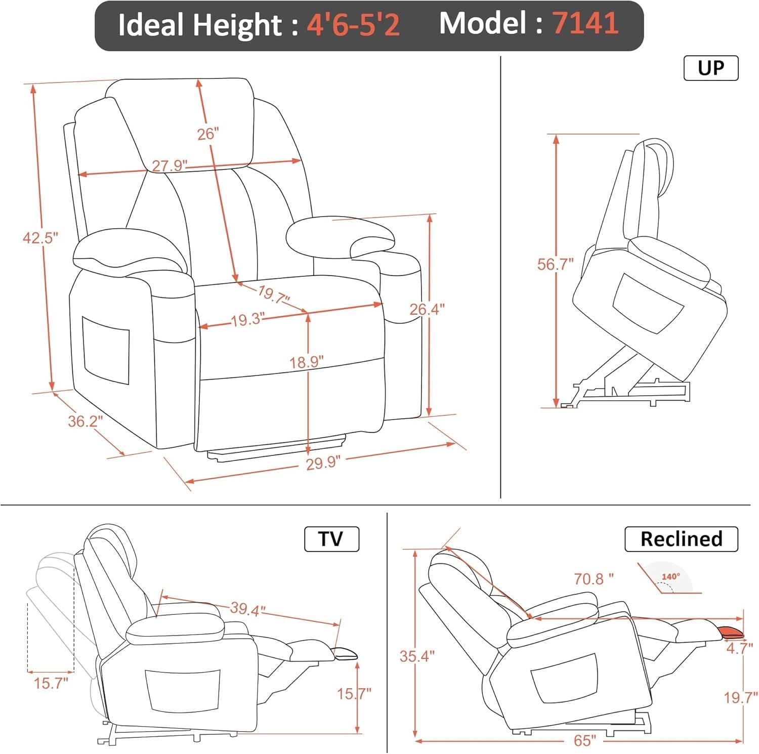 Small Power Lift Recliner Chair Sofa with Massage and Heat for Petite Elderly, 3 Positions, Cup Holders, and USB Ports, Extended Footrest, Fabric 7141 (Grey)-2