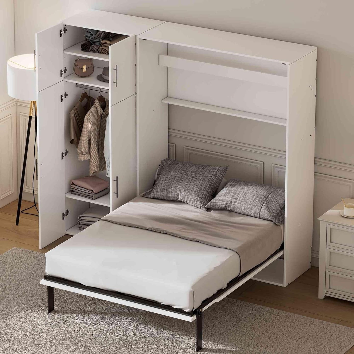 Foldable Full Size Murphy Bed with Wardrobe and Desk-10