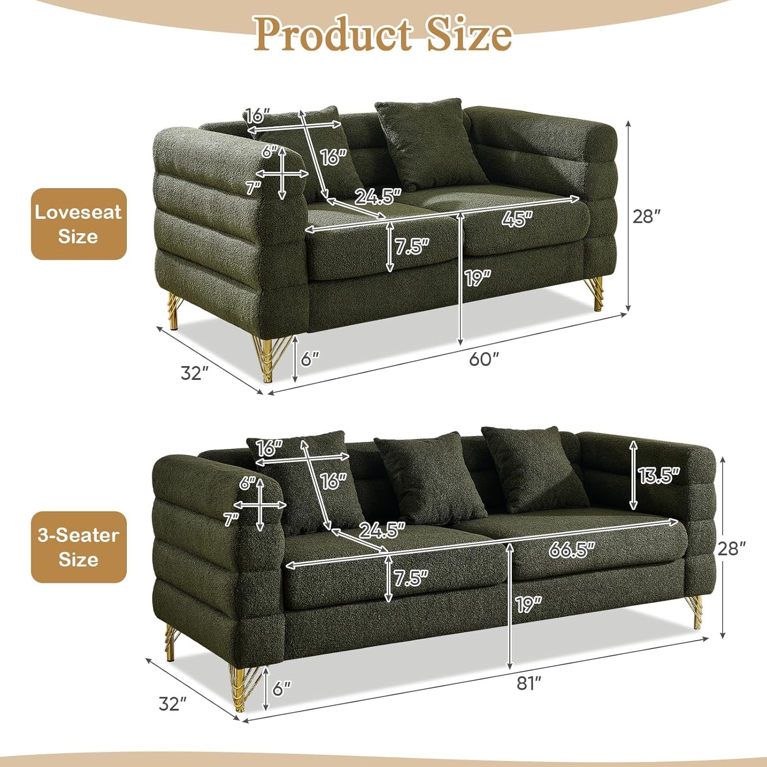 2 Piece Living Room Sofa Set, Comfy Boucle Couch with Loveseat and 3 Seater, Upholstered Sofa Couch with 2 Pillows and Deep Seat Design for Office, Waiting Room, Green Teddy-1