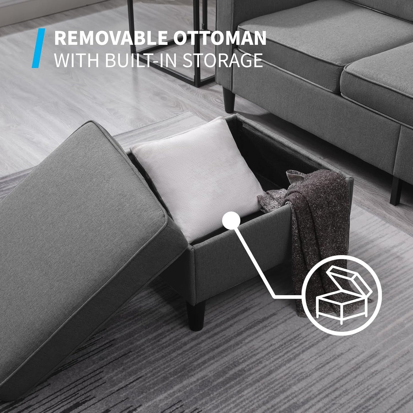 3PCS Convertible Sofa Set, Linen Upholstered Couch Set with Side Pockets, Modern Living Room Sofa with Storage Ottoman, Couch for Living Room Apartment (Dark Grey, Sectional Sofa + Single)-3