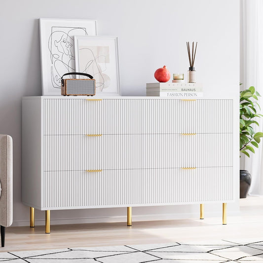 White 6 Drawer Dresser for Bedroom, 56” Wide Wood Dresser Organizer with Metal Legs, Modern Chest of Drawers for Bedroom, Hallway, Home Office-0
