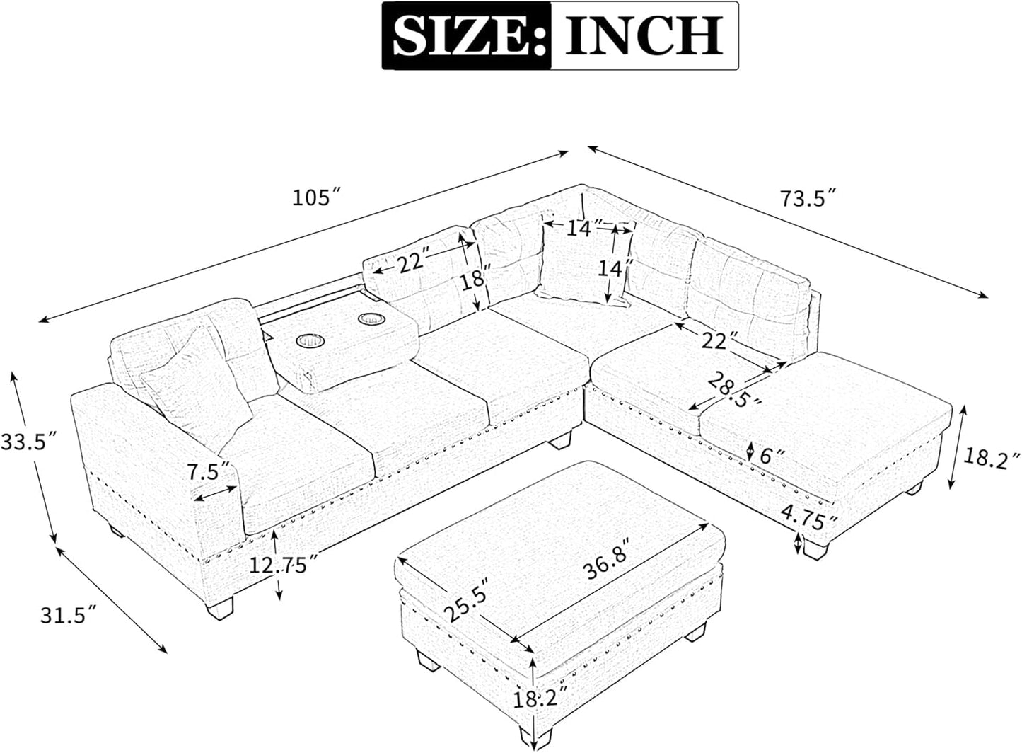 Sectional Sofa Couch with Reversible Chaise and Ottoman, Polyester L-Shape Couch with 2 Pillows and Cup Holder, Sectional Sofas for Living Room (Gray)-1