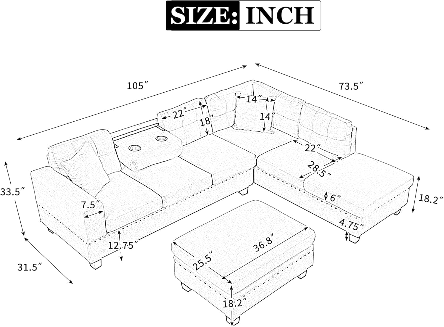 Sectional Sofa Couch with Reversible Chaise and Ottoman, Polyester L-Shape Couch with 2 Pillows and Cup Holder, Sectional Sofas for Living Room (Gray)-1
