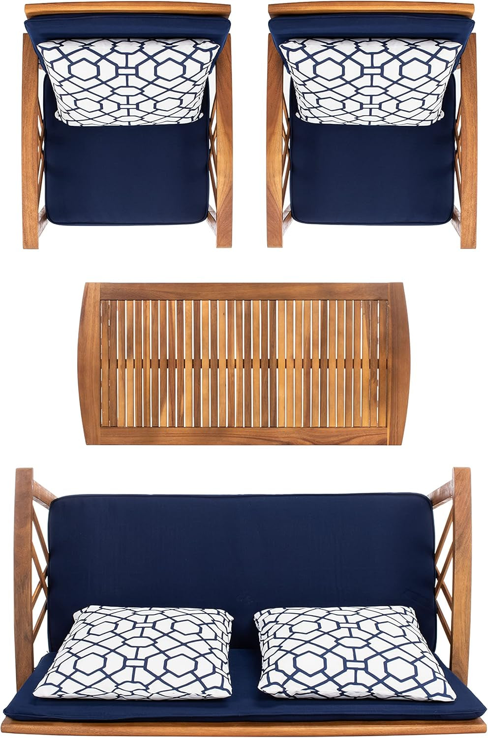 Outdoor Collection Fontana Natural/ Navy Blue Cushions/ Geometric Pattern Pillows 4-Piece Conversation Patio Set-2