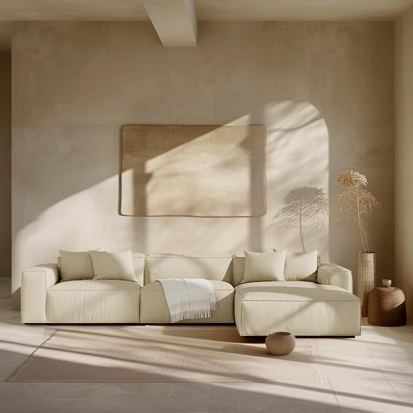 Modern L-Shaped Deep Sectional Sofa Furniture Set for Living Room Lounge, Minimalist Style Comfy Suedette Upholstery Corner Couch with Chaise, Cream-0