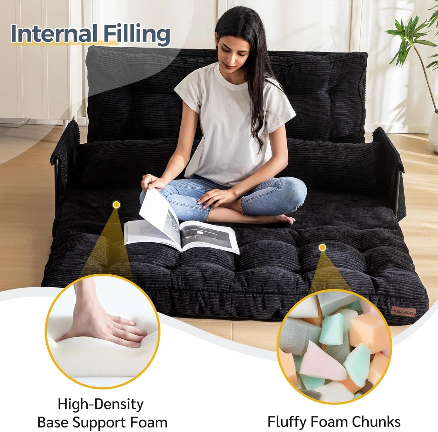 Adjustable Floor Sofa Couch with 2 Pillows, Multi-Functional Bean Bag Bed, 5-Position Foldable Lazy Sofa Sleeper Bed with Armrest, Versatile Floor Seating Sofa for Reading, Black, Double-4