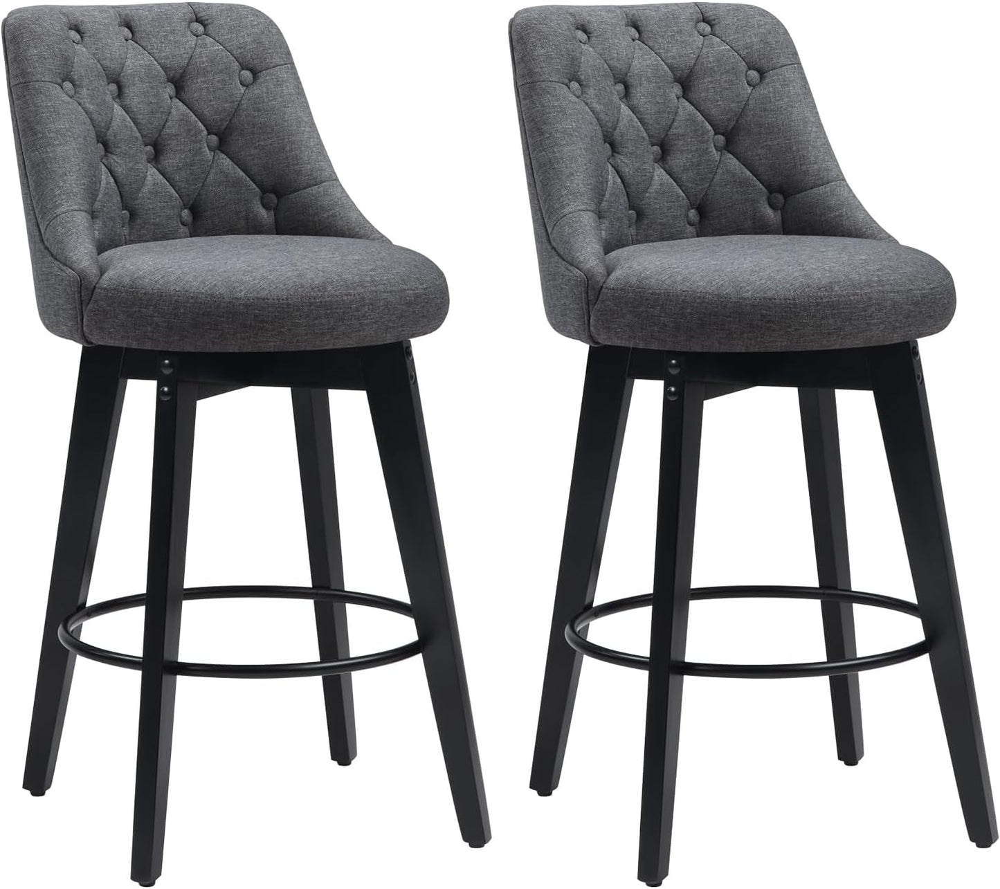 Bar Stools Set of 2, Swivel Barstools with Backs and Wood Legs, 27" Linen Fabric Upholstered Bar Chairs for Kitchen Island, Dining, Cafe, Pub（Grey）-0