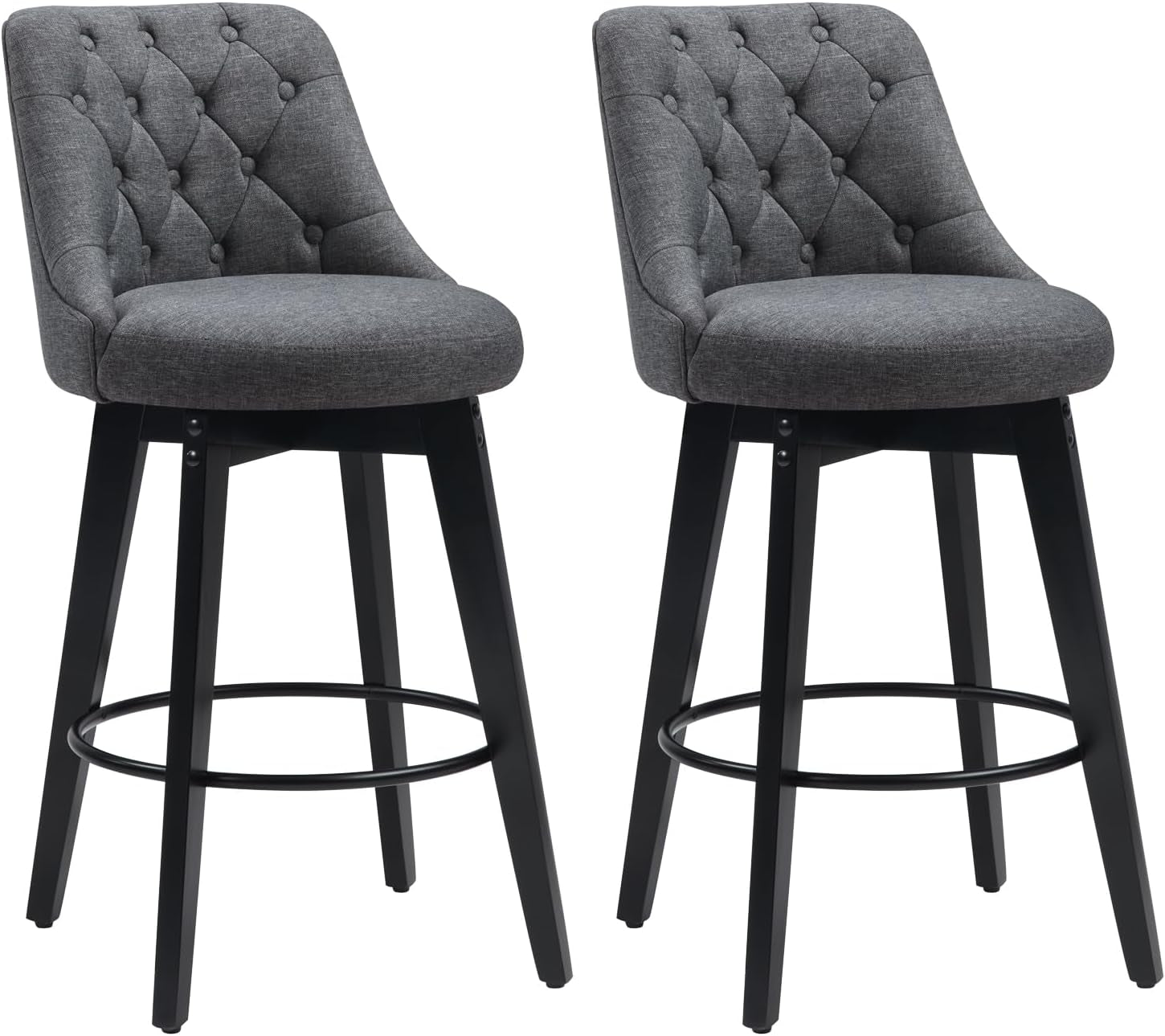 Bar Stools Set of 2, Swivel Barstools with Backs and Wood Legs, 27" Linen Fabric Upholstered Bar Chairs for Kitchen Island, Dining, Cafe, Pub（Grey）-0