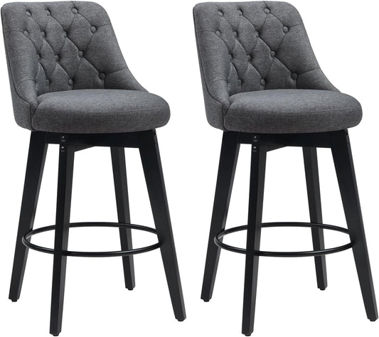 Bar Stools Set of 2, Swivel Barstools with Backs and Wood Legs, 27" Linen Fabric Upholstered Bar Chairs for Kitchen Island, Dining, Cafe, Pub（Grey）-0