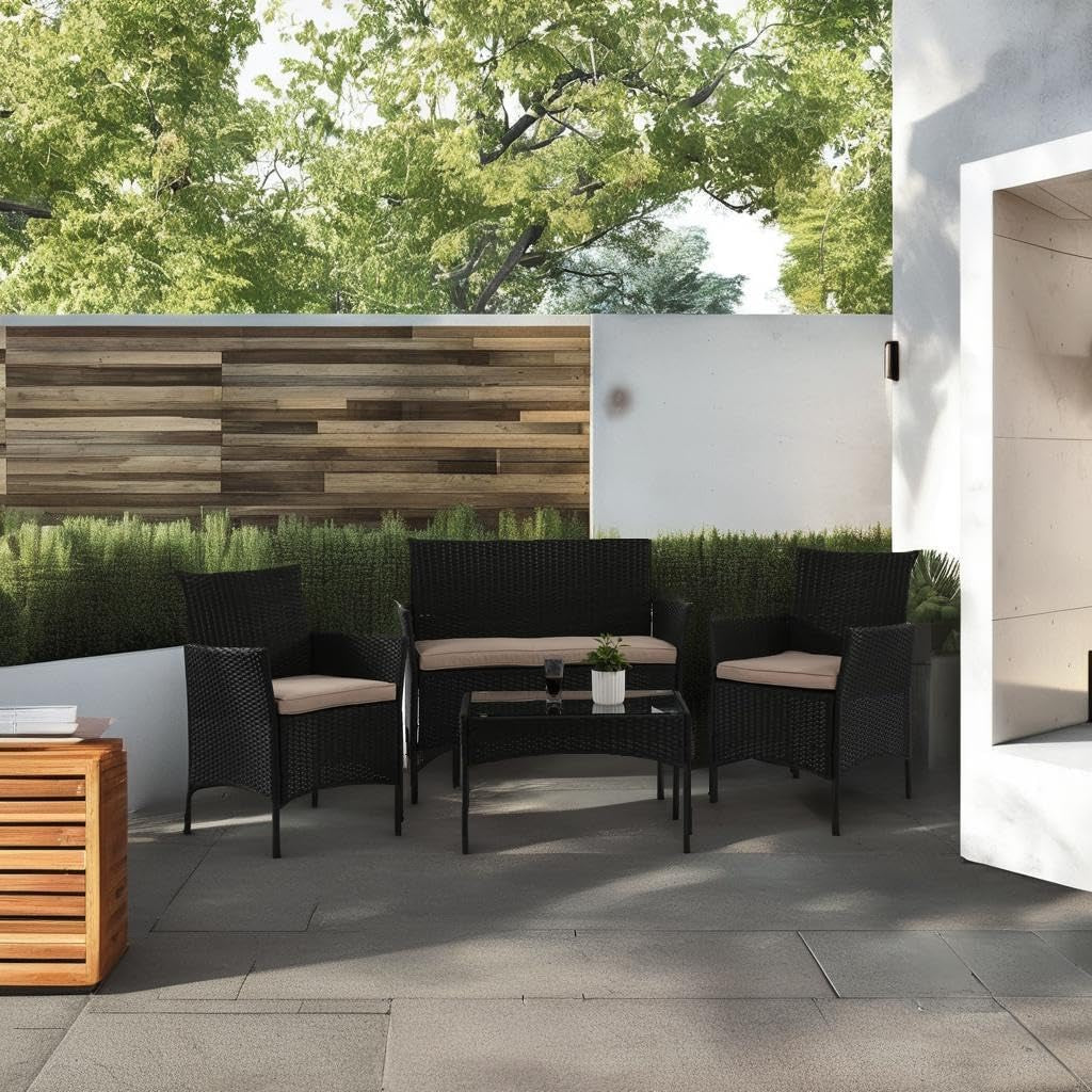 4 Pieces Patio Furniture Set Rattan outside Furniture Wicker Sofa Garden Conversation Sets with Soft Cushion and Glass Table for Yard Pool or Backyard,Black-4