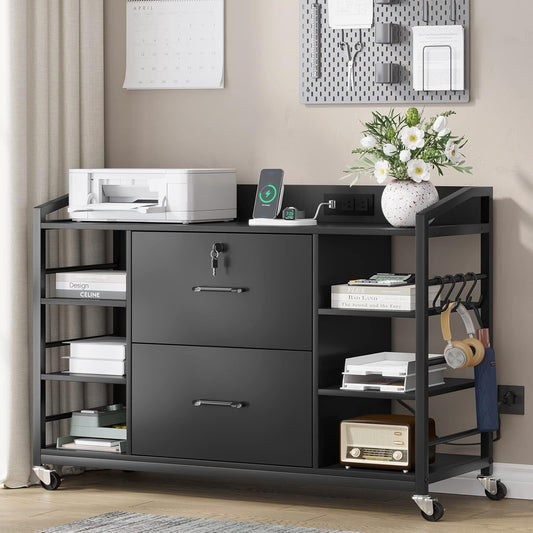 44" File Cabinet, Filing Cabinets Fits Legal, Letter, A4 Size, 2 Drawer Office File Cabinet for Home Office with Lock, Power Strip, 6 Adjustable Shelves & 4 Hooks, Black-0