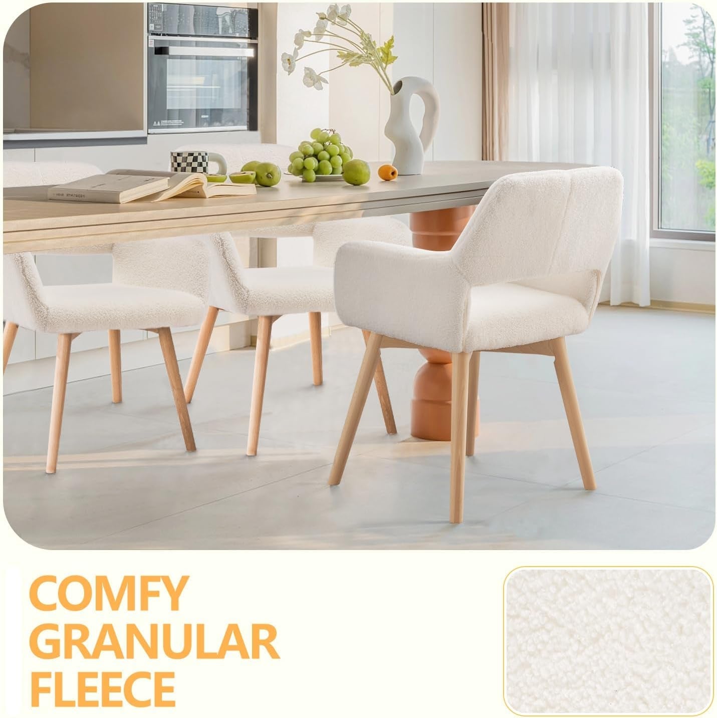 Mid Century Modern Dining Chairs Set of 2 & 4 & 6 Comfy Accent Chair Upholstered Kitchen Dining Living Room Chairs for Bedrooms Waiting Room Home Arm Desk Chair No Wheels (Wool White, 2)-3