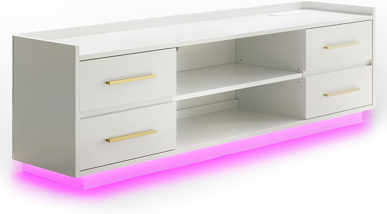 66" TV Stand for Tvs up to 75", LED Light Entertainment Center with Power Outlet, 4 Drawers and 2-Tier Open Shelves TV Cabinet, TV Console for Living Room, Bedroom - Corrigan (White)-0