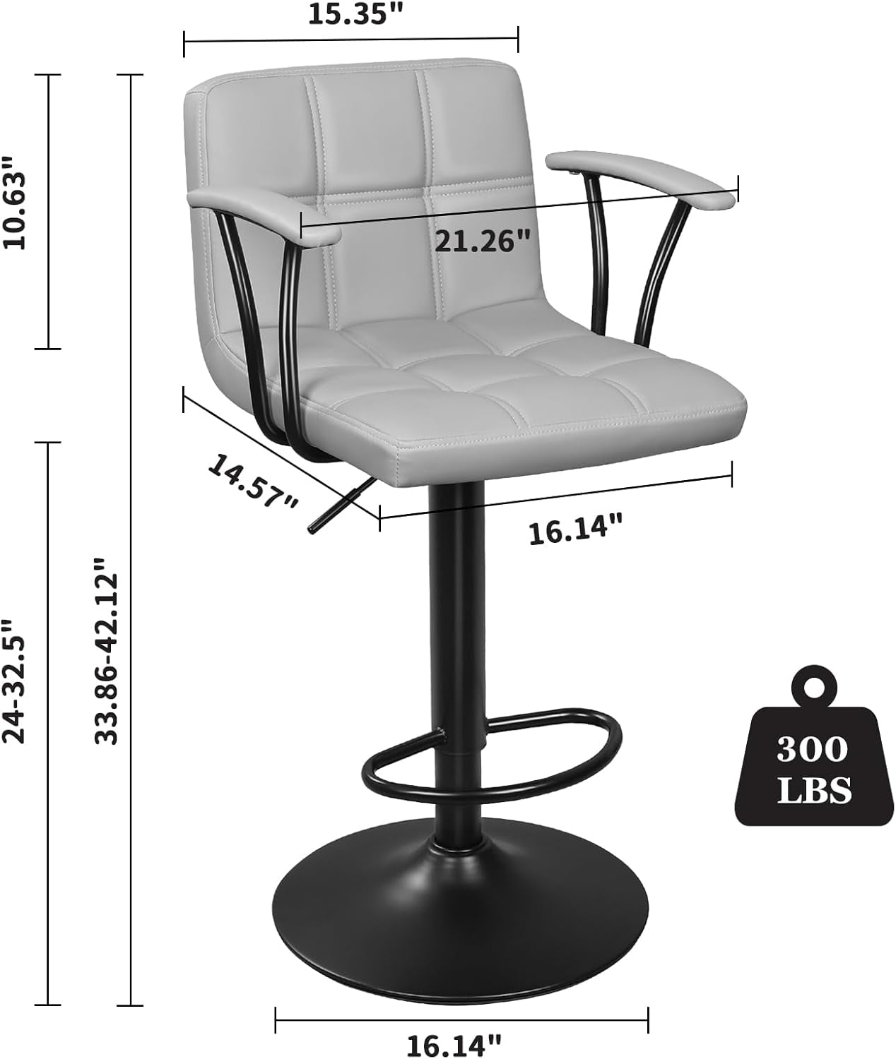 Bar Stools Set of 2, Armrest Adjustable Swivel Barstools with Back, Double Needle PU Leather Counter Height Chairs for Kitchen Lsland (Light Grey)-2