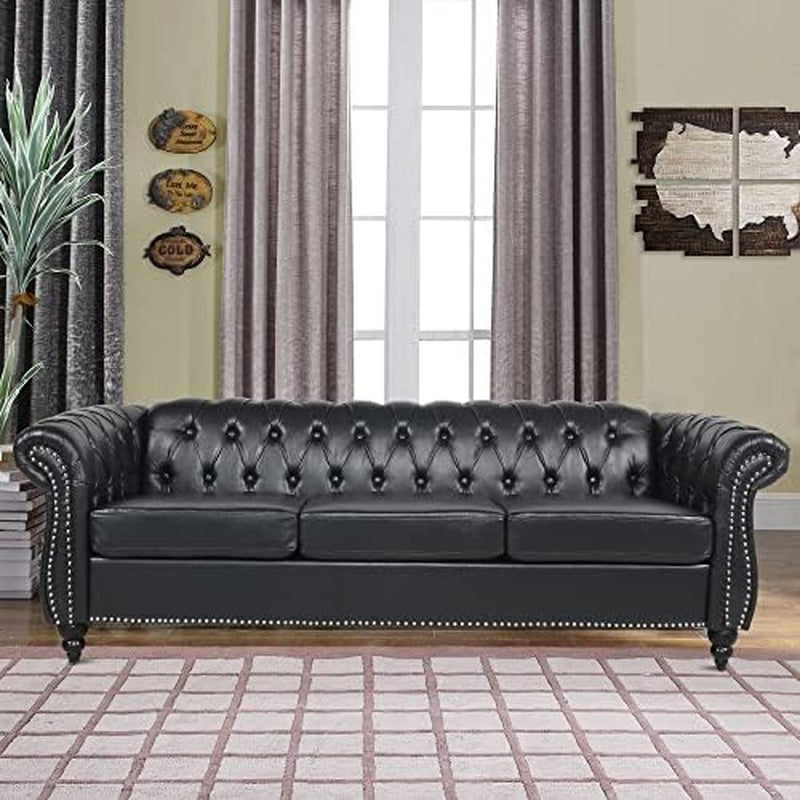 Modern 3 Seater PU Chesterfield Sofa, Upholstered Tufted Button Leather Chesterfield Couch, Classic Faux Leather Settee with Nailhead Trim Scroll Arms for Living Room Bedroom(Black)-0
