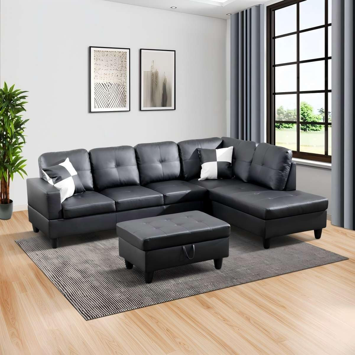 Black L-Shaped 3-Piece Faux Leather Sofa with Storage Ottoman Set, Sectional Couch Leather-Like Sofa Set for Living Room, Office, Small Space-0