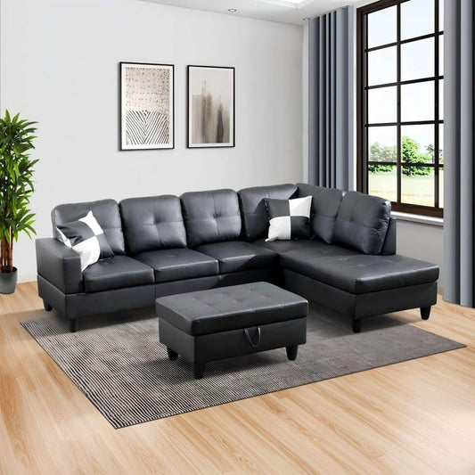 Black L-Shaped 3-Piece Faux Leather Sofa with Storage Ottoman Set, Sectional Couch Leather-Like Sofa Set for Living Room, Office, Small Space-0