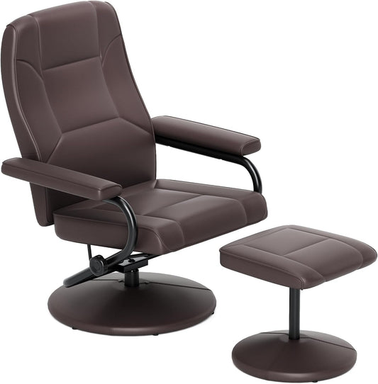 Recliner Chair with Ottoman, 360° Swivel Faux Leather Reclining Chair W/Adjustable Backrest, Footrest, Sturdy Metal Base, Upholstered Armchair for Living Room Bedroom Study, Office, Brown-0