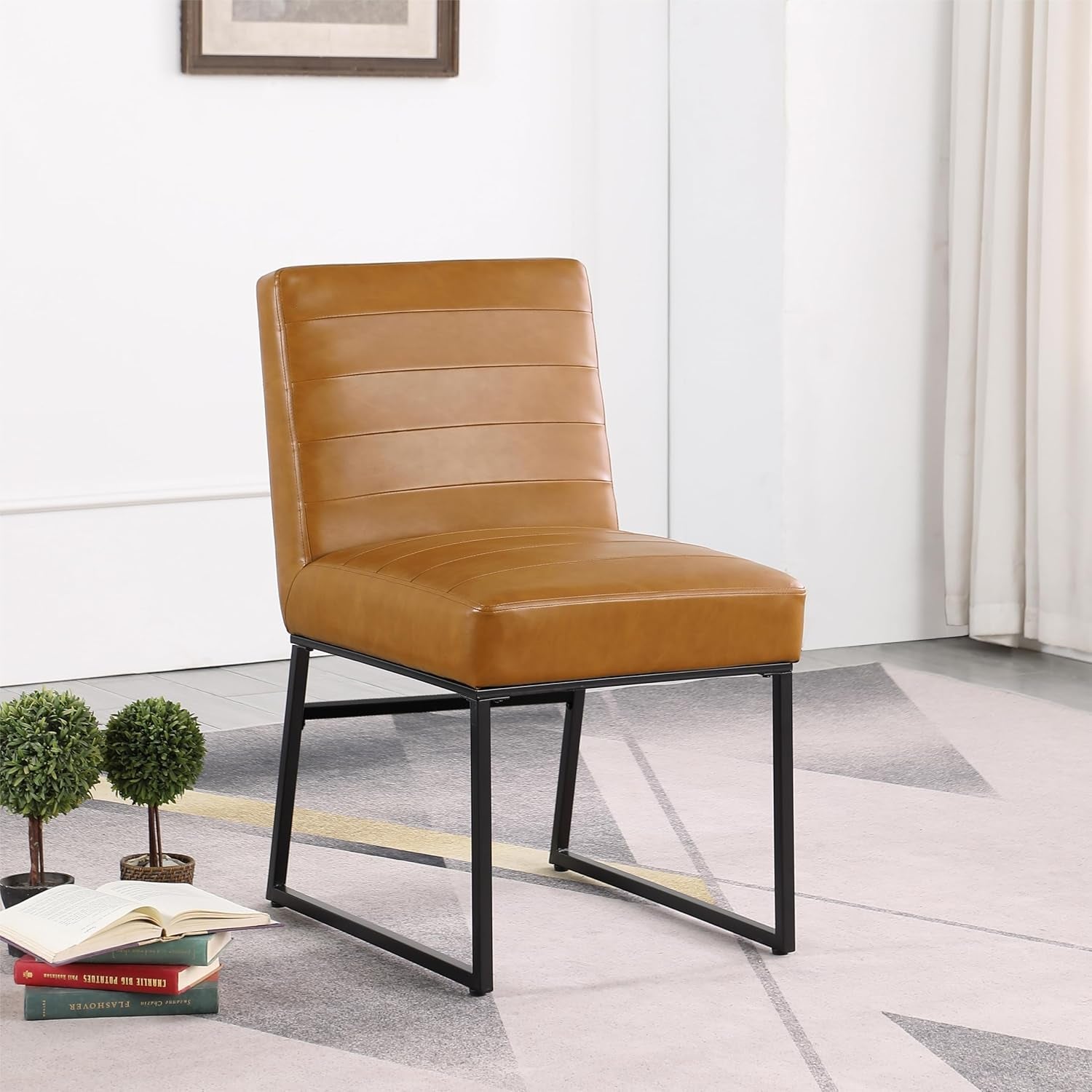 Channeled Metal Dining Chair Home Décor | Single Pack - Brown Faux Leather-1