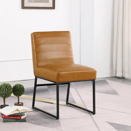 Channeled Metal Dining Chair Home Décor | Single Pack - Brown Faux Leather-1