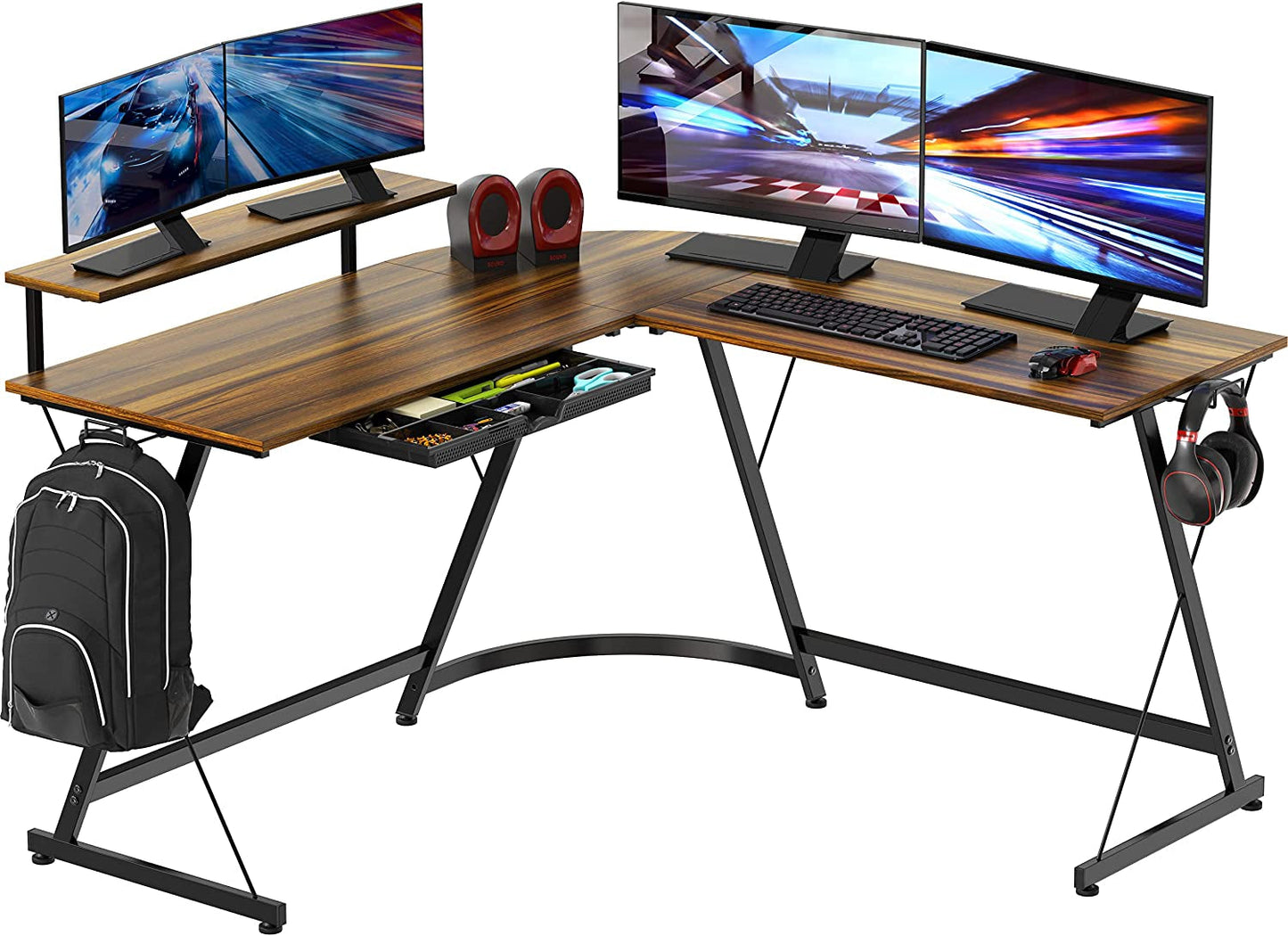 Vista L-Shape Desk with Monitor Stand, Walnut-0