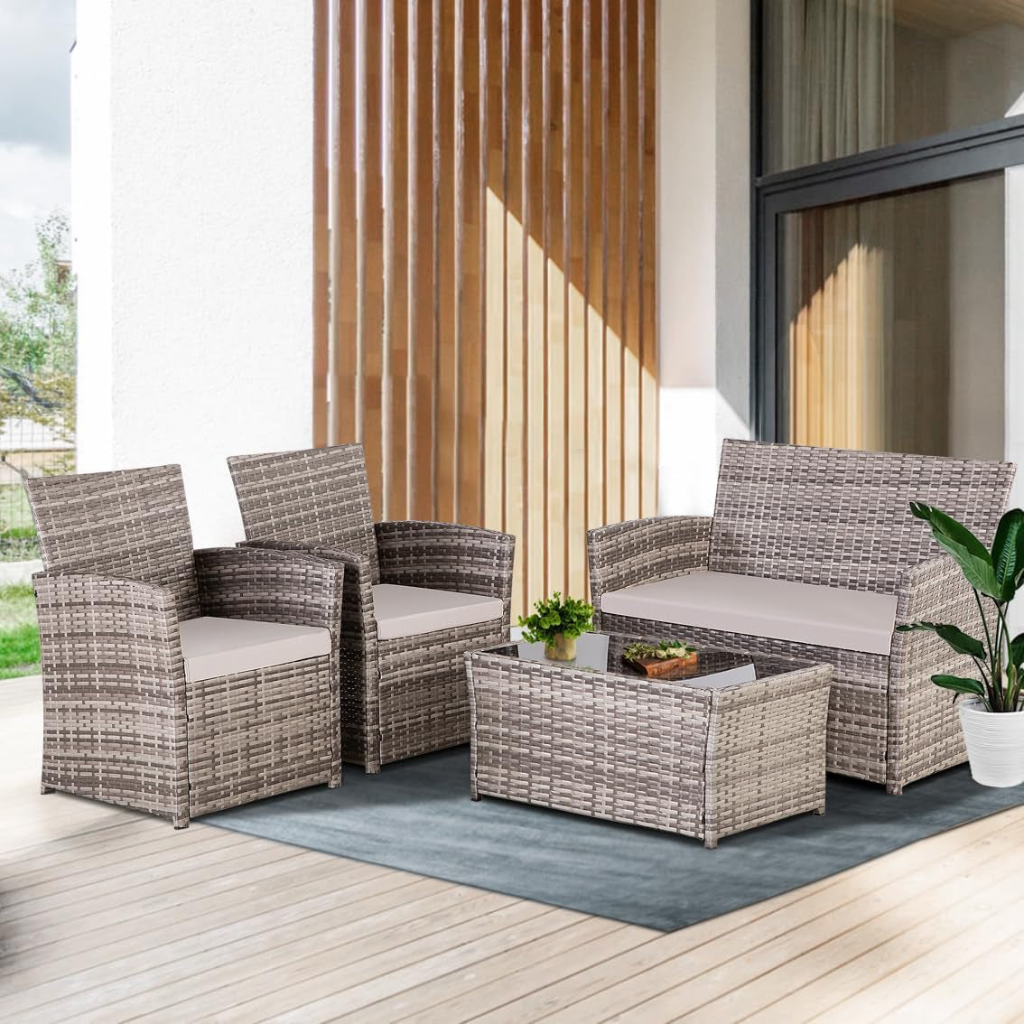 4 Piece Outdoor Patio Furniture Sets, Wicker Sectional Conversation Sofa Set, Rattan Table and Chairs and Loveseat with Cushions for outside Balcony Porch Backyard (Gray-Gray)-1