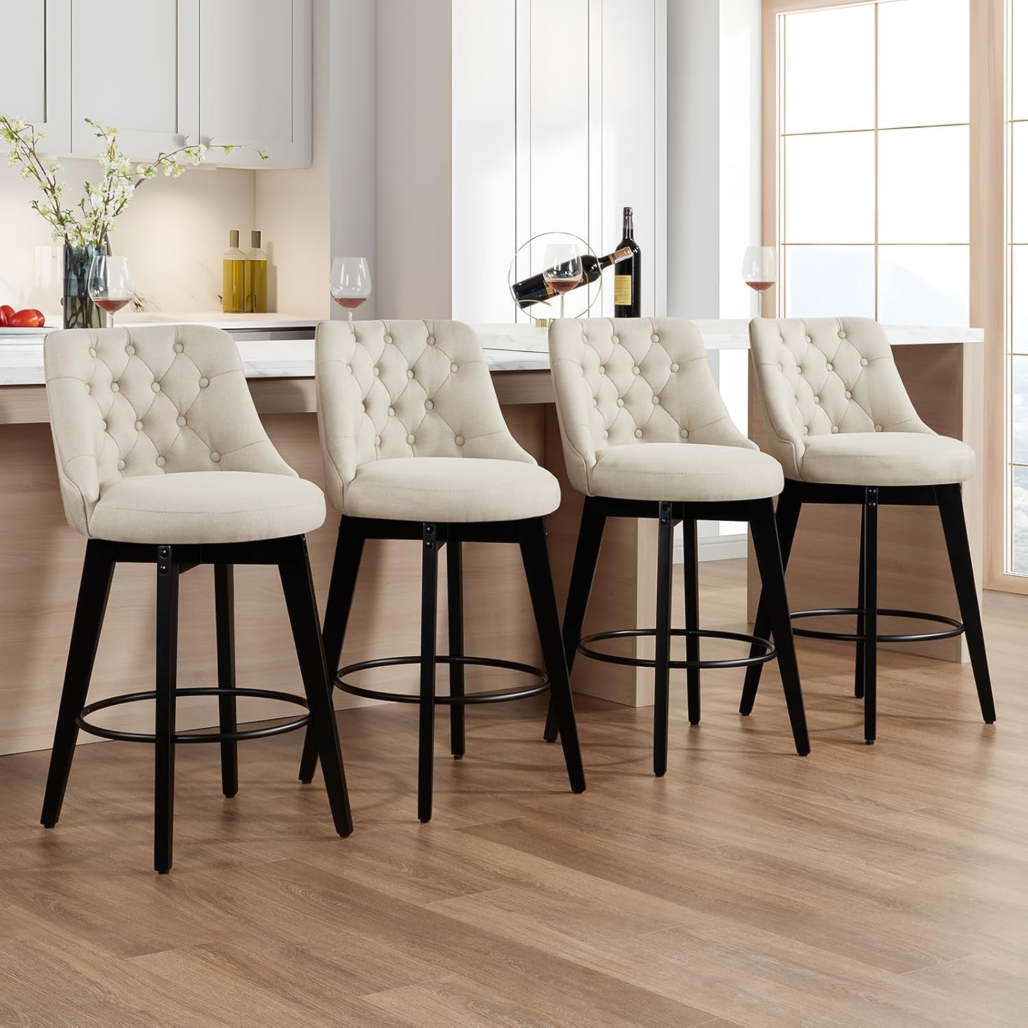 Swivel Bar Stools Set of 4, Linen Counter Height Bar Stools with Back, Wooden Bar Stools for Kitchen Island, Upholstered Bar Stools (Beige)-0