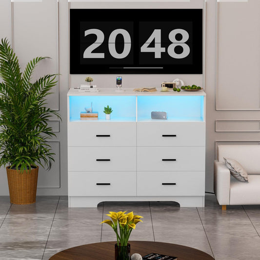 Dresser with Power Outlets and LED Lights Wooden 6 Drawer Dresser with Large Organizer Tall White Dresser for Bedroom Chest of Drawers Closet Modern Dresser for Living Room Kids Room-1