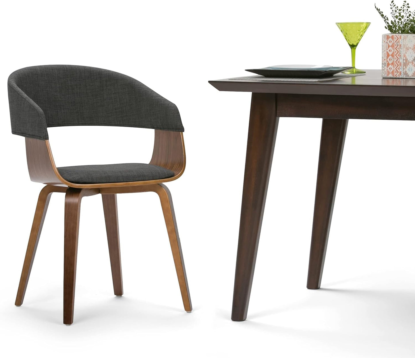 Lowell 17 Inch Mid Century Modern Bentwood Dining Chair in Charcoal Grey Linen Look Fabric, for the Dining Room-2