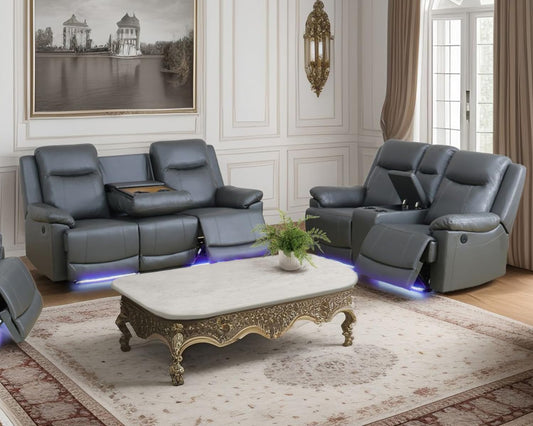 Power Recliner Sofa Set with LED Lights,Leather Living Room Furniture Set with USB Port/Storage Console/Cup Holders,Reclining Sofa Set for House/Home Theater(Sofa&Loveseat 2 Pieces)-0