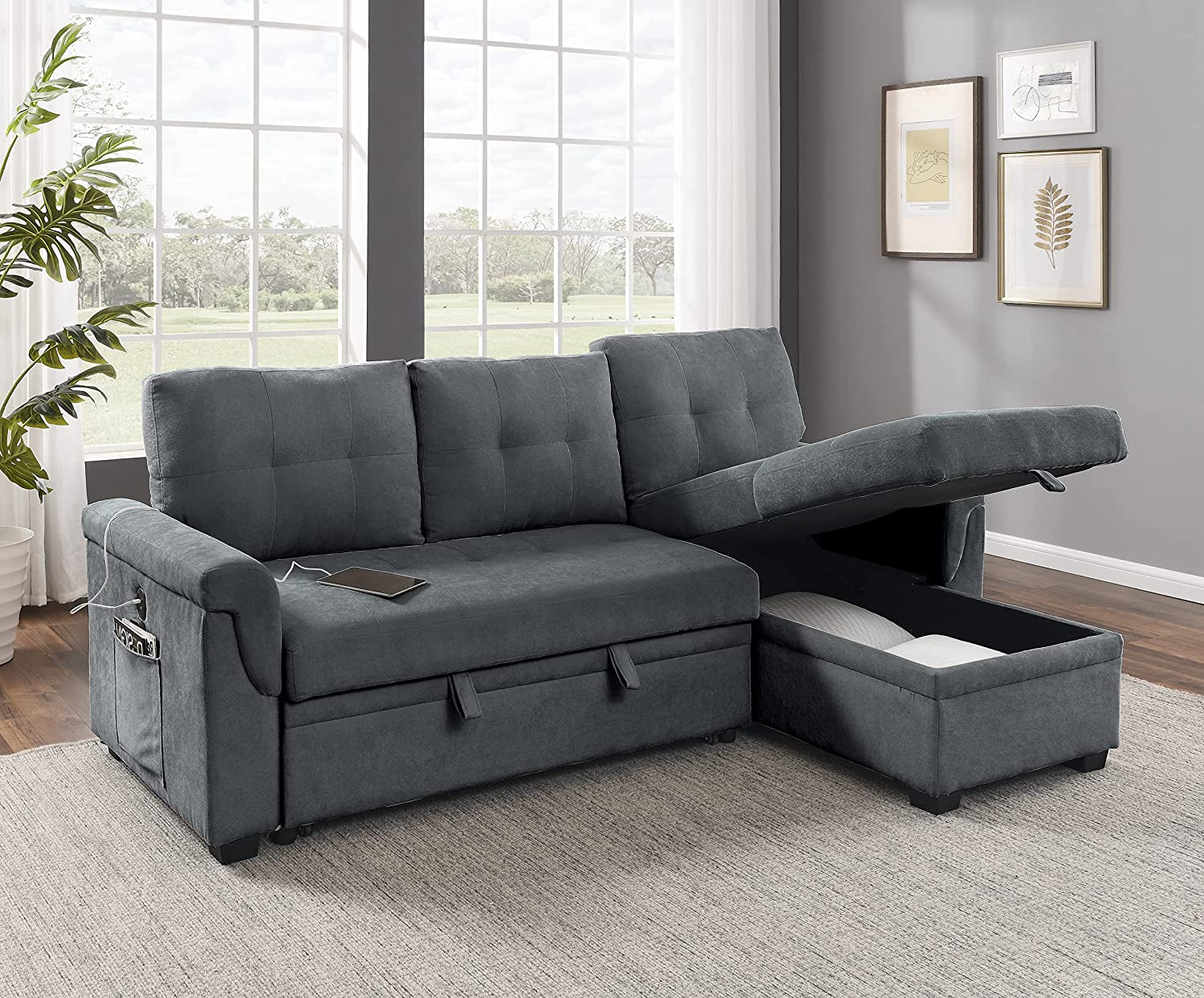 Gray Sectional Sofabed with USB Ports, Full XL-0