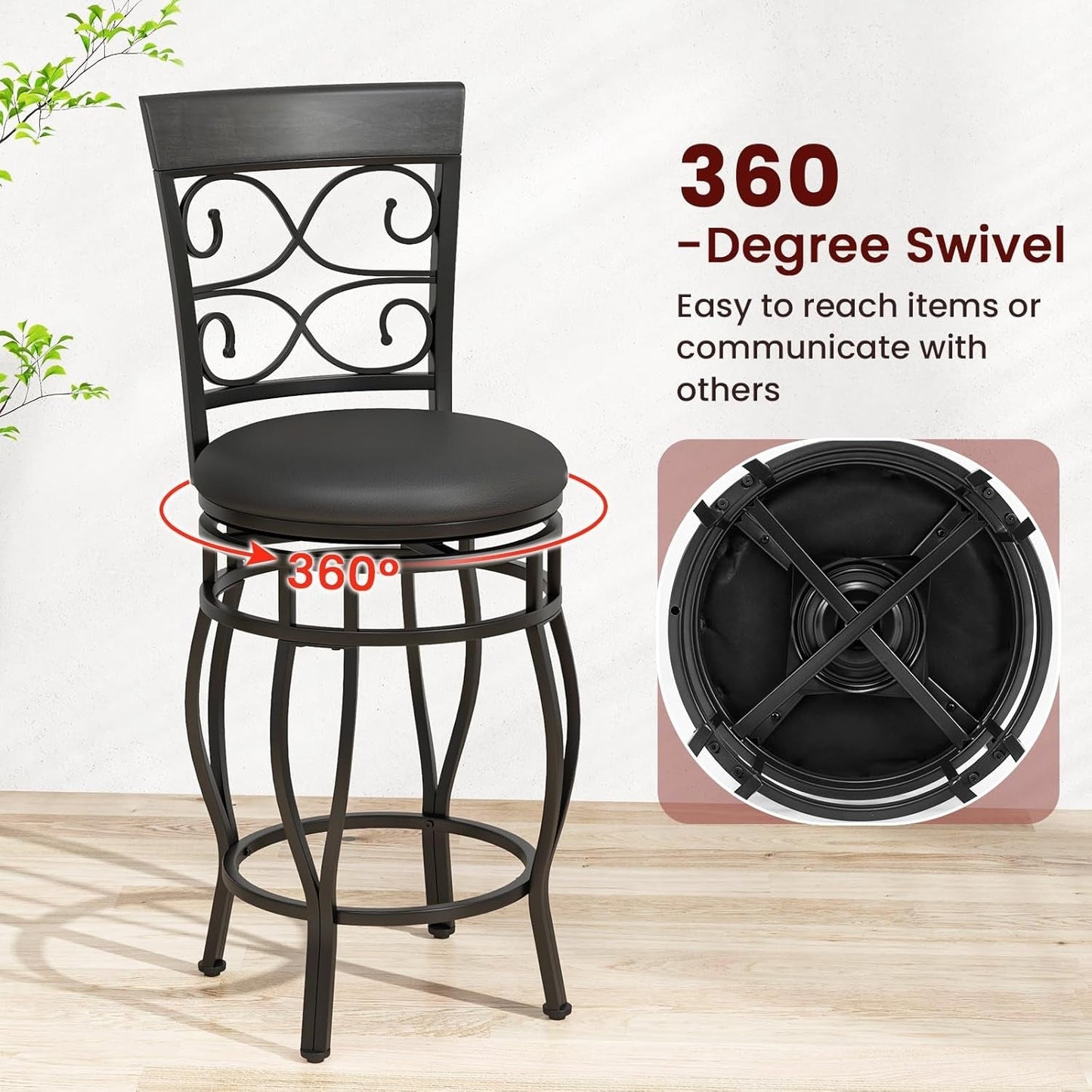 26" Swivel Bar Stools Set of 2, Counter Height Bar Stools with Back, Upholstered PU Leather Seat, Footrest, Max Load 330Lbs, Vintage Metal Barstools for Kitchen Island, Dining Room, Pub, Black-3