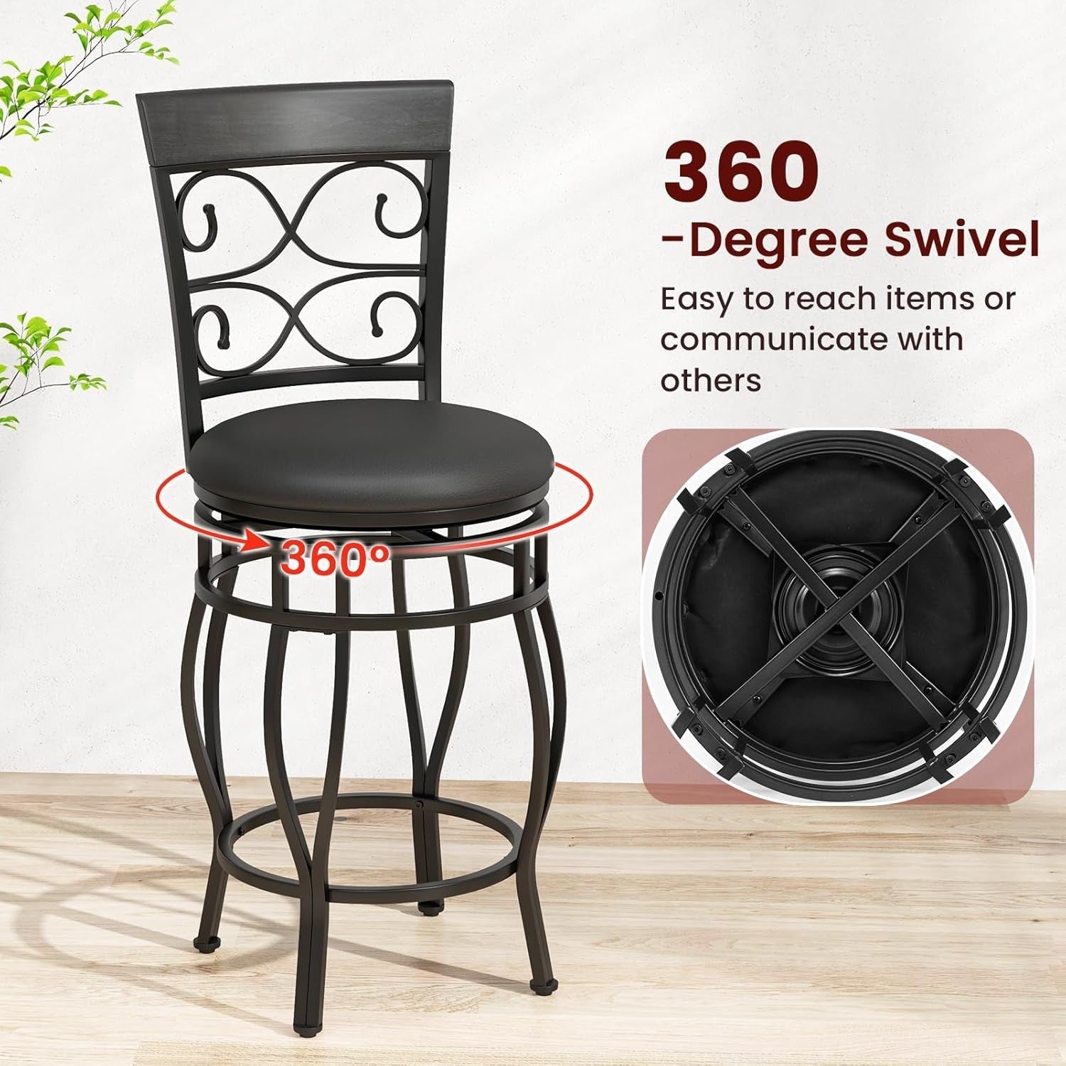 26" Swivel Bar Stools Set of 2, Counter Height Bar Stools with Back, Upholstered PU Leather Seat, Footrest, Max Load 330Lbs, Vintage Metal Barstools for Kitchen Island, Dining Room, Pub, Black-3