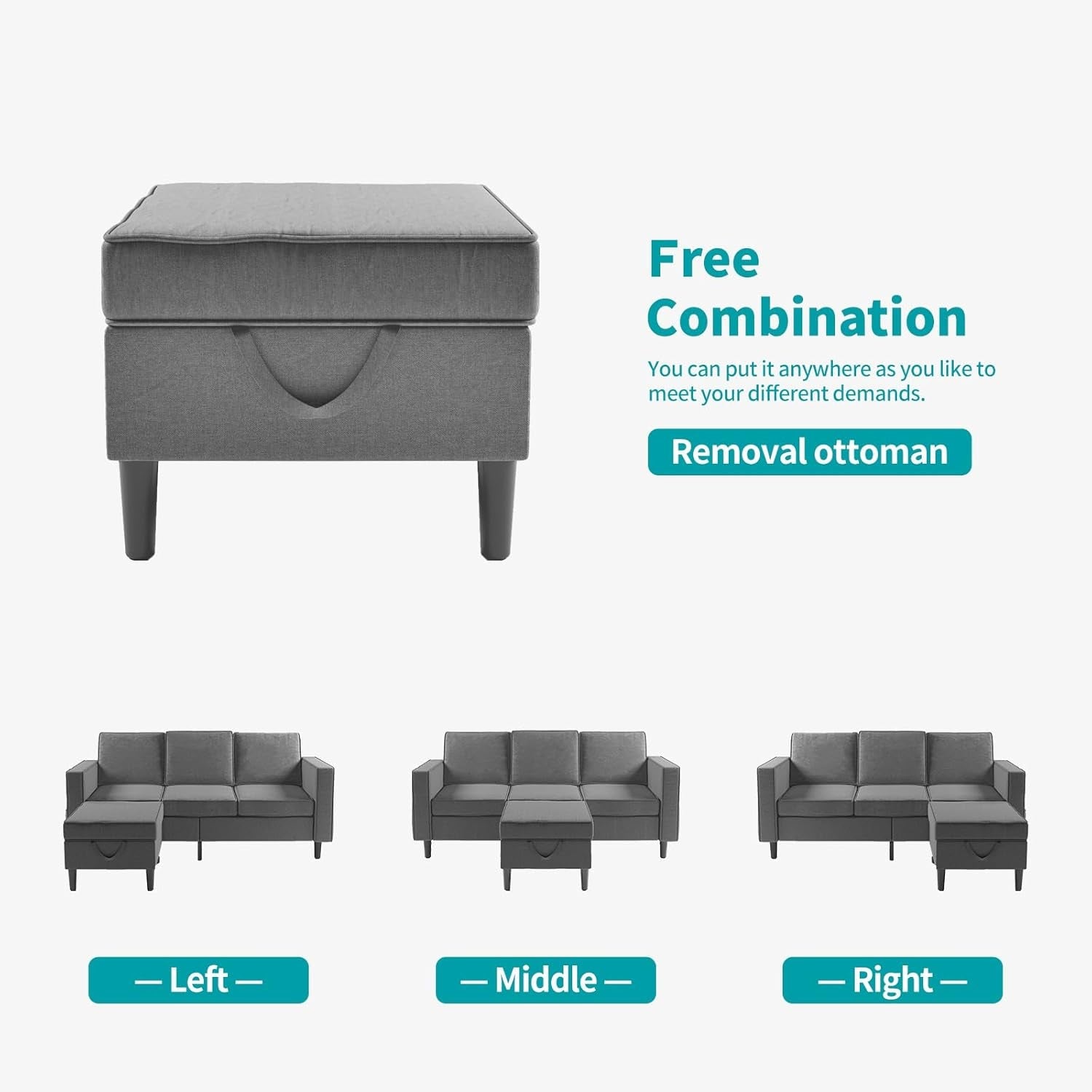 Sectional Sofa with Movable Storage Ottoman, L Shaped Couch with Side Pockets/Modern Sofas/Easy Assembly/Free Combination - Dark Grey-4