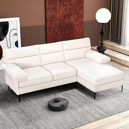 85” Convertible Sectional Sofa Couch, 3 Seat Sofa for Living Room L-Shaped Modern Chenille Fabric Modular Sofa Reversible Wide Chaise & Fluffy Armrests for Apartment (Beige)-0