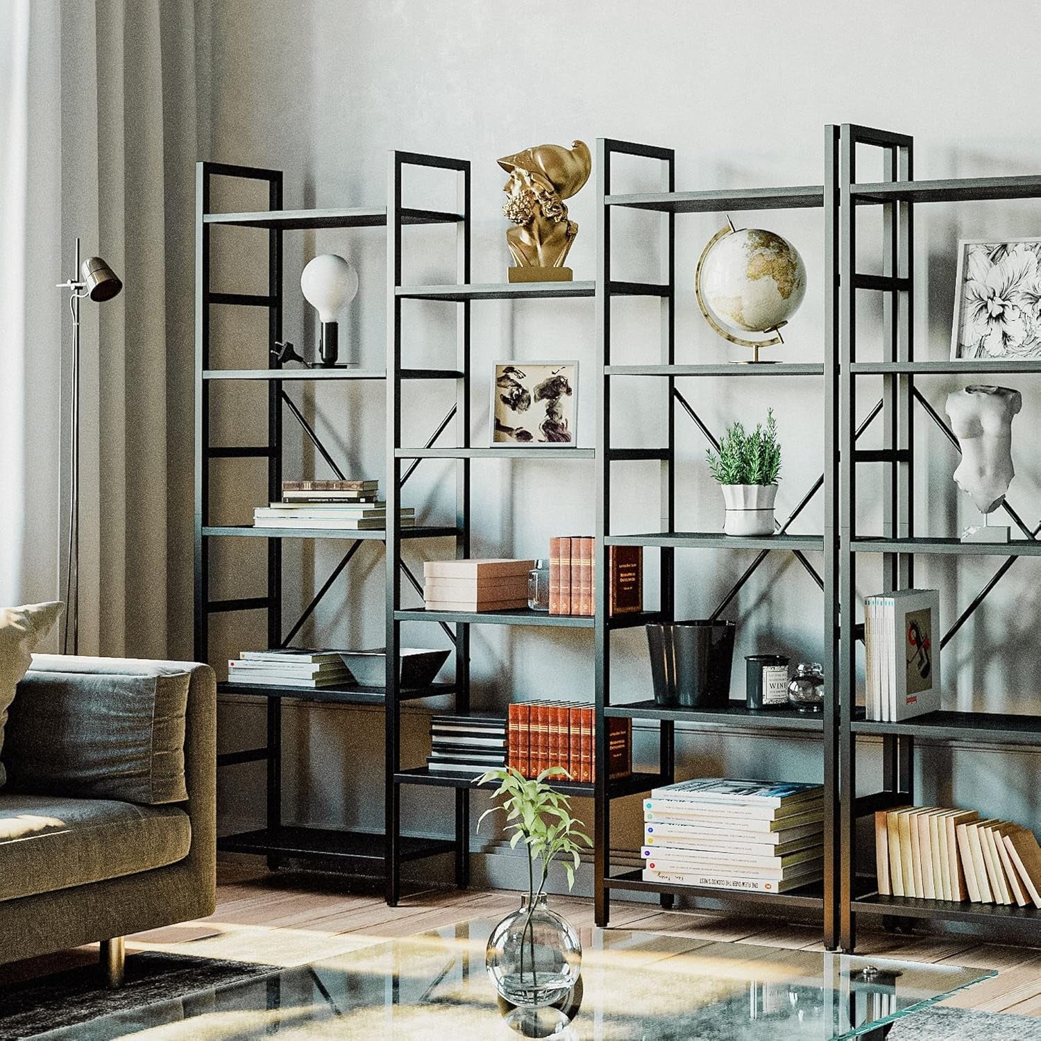 Bookcases and Bookshelves Triple Wide 5 Tiers Industrial Bookshelf, Large Etagere Bookshelf Open Display Shelves with Metal Frame for Living Room Bedroom Home Office-1