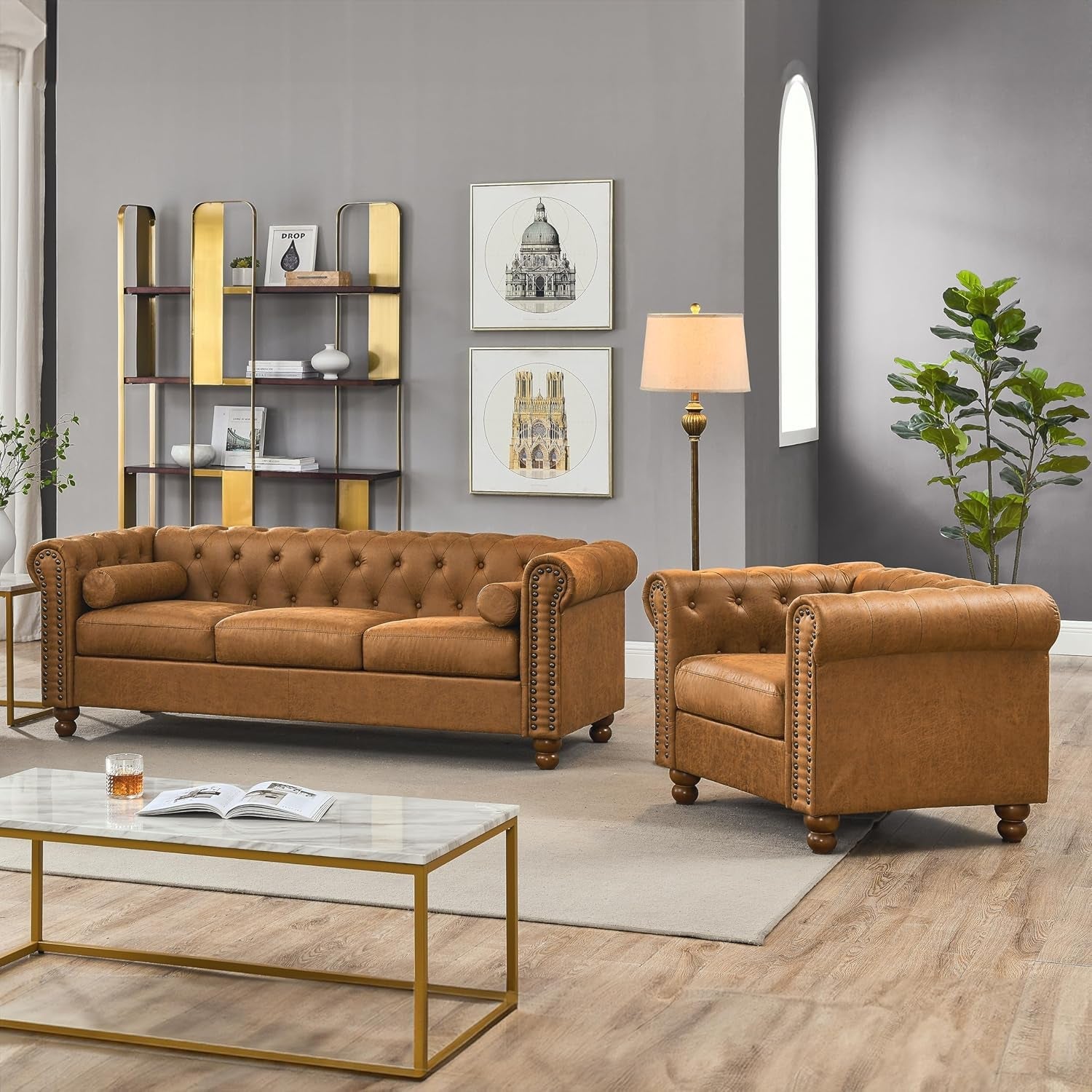 ir Lether Sof Couch Set, 2-Piece Living Room Set, Including Rolled rm 3-Seter Sof nd ccent rmchir-0