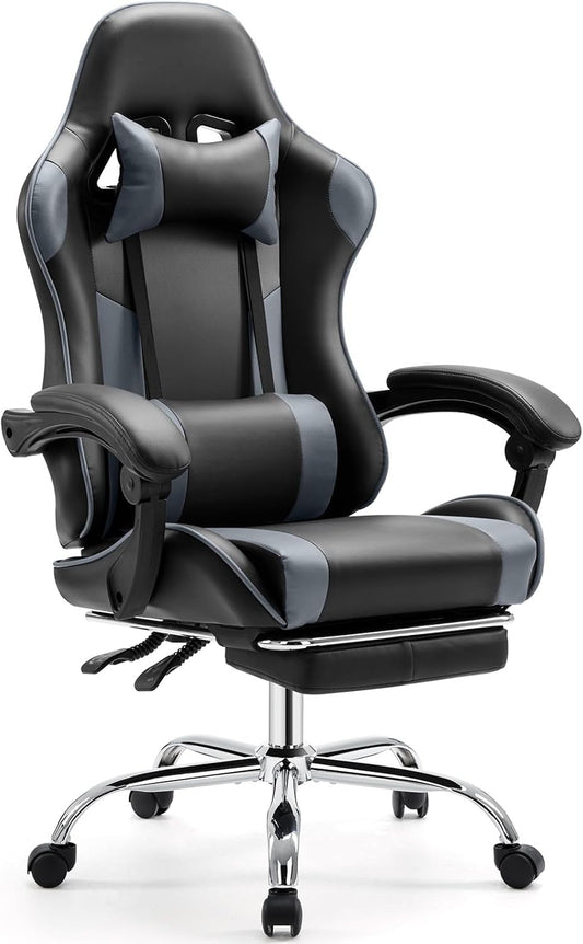 Video Game Desk Chair - Ergonomic Computer with Footrest and Comfy Lumbar Support, PU Leather Recliner with Headrest, Fixed up Armrest, Height Adjustable with 360° Swivel, for Adults, Grey-0