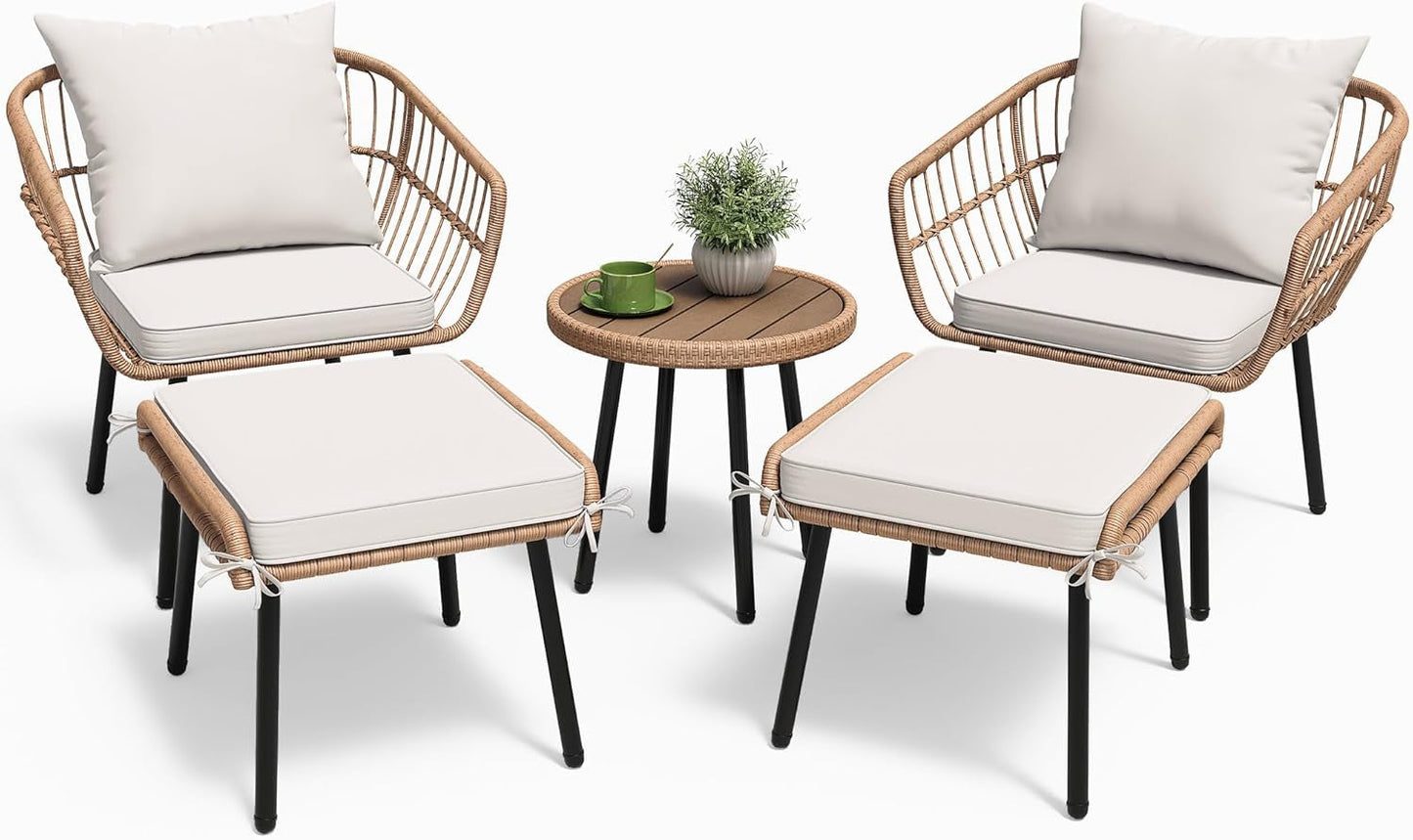 5 Piece Patio Bistro Set, Outdoor Wicker Conversation Set with Ottomans and Side Table, All-Weather Durable Rattan Furniture for Porch, Balcony, Deck, Backyard, Garden (Beige)-0