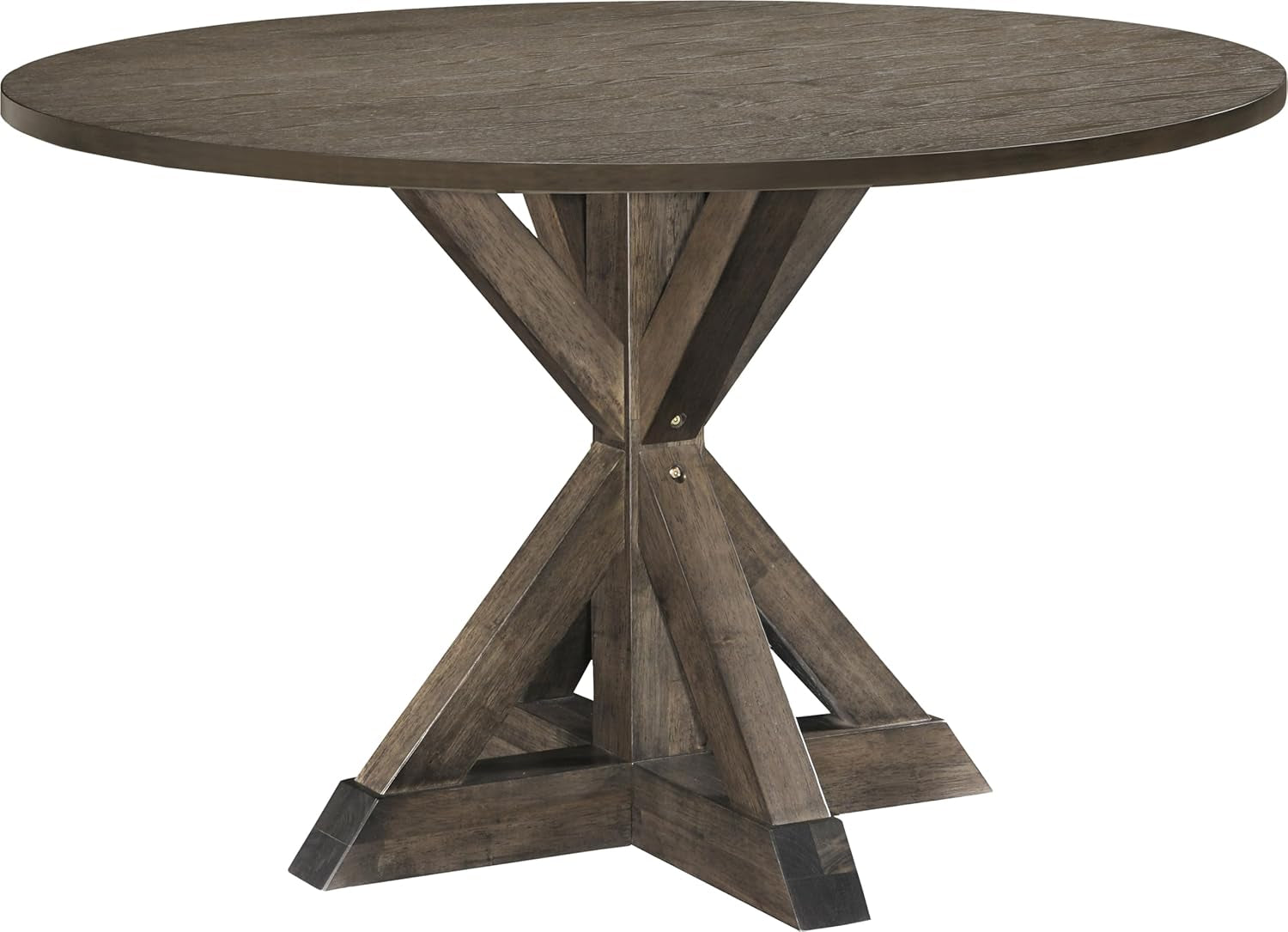 Alfred round Solid Wood Rustic Dining Table for Farmhouse Kitchen Room Decor, Wooden Trestle Pedestal Base, 46.5" Wide Circular Tabletop, Distressed Brown-0